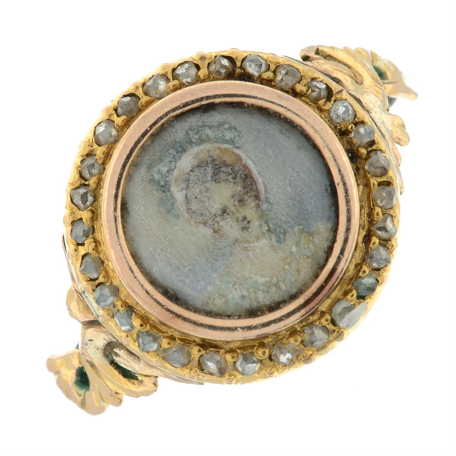 A late 19th century gold portrait miniature ring, with rose-cut diamond surround and replacement - Image 2 of 5