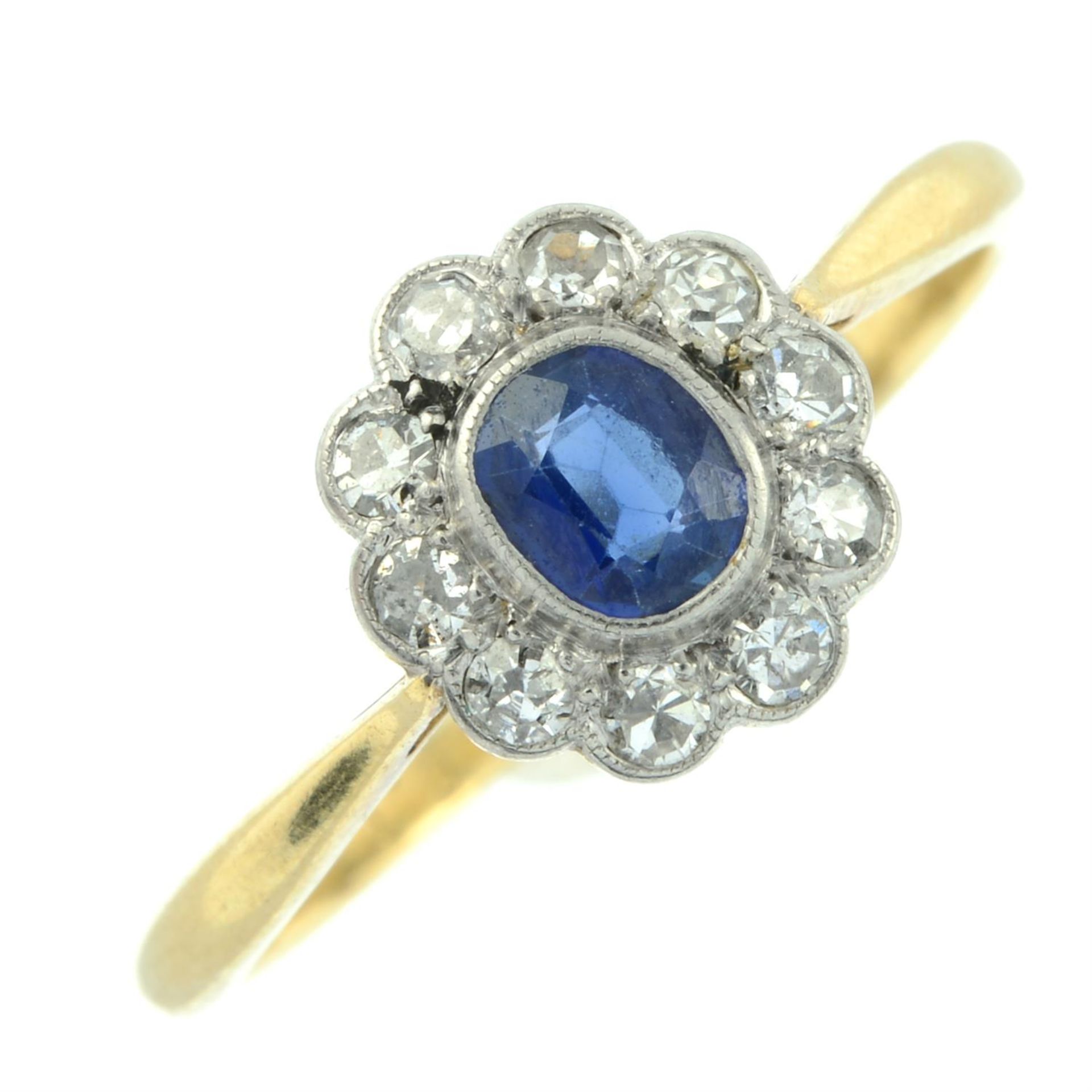 An early 20th century platinum and 18ct gold sapphire and single-cut diamond cluster ring. - Image 2 of 5