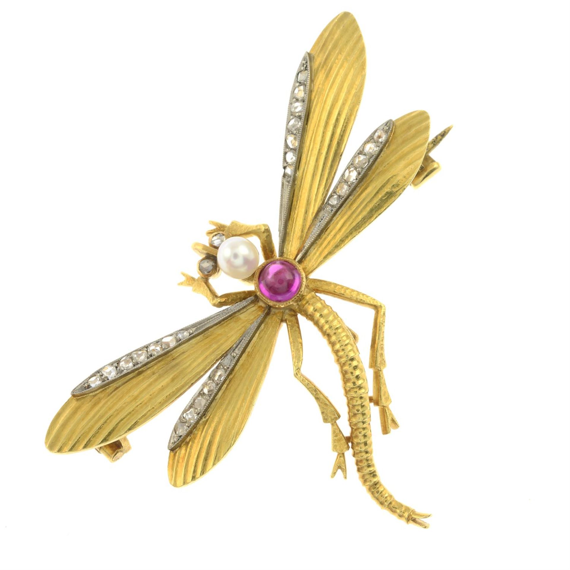 An early 20th century gold seed pearl, synthetic ruby cabochon and diamond point dragonfly brooch. - Image 2 of 4