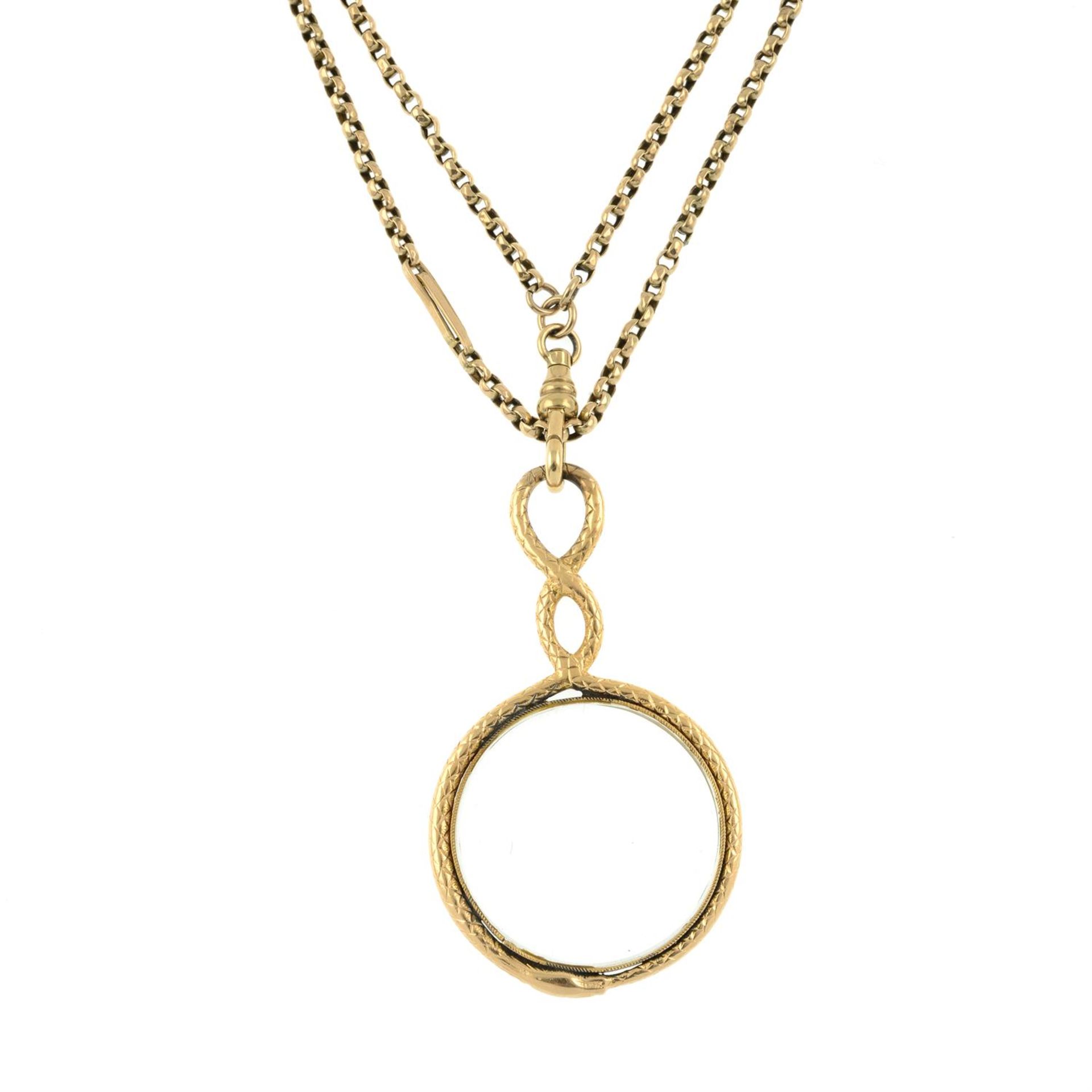 A late Georgian 15ct gold ouroboros snake magnifying glass, with late 19th century long guard chain. - Image 2 of 4