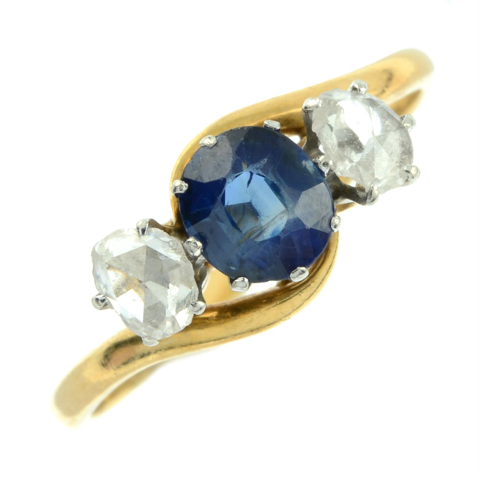 An early 20th century 18ct gold sapphire and rose-cut diamond crossover ring. - Image 2 of 5