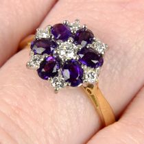 An 18ct gold amethyst and brilliant-cut diamond cluster ring.
