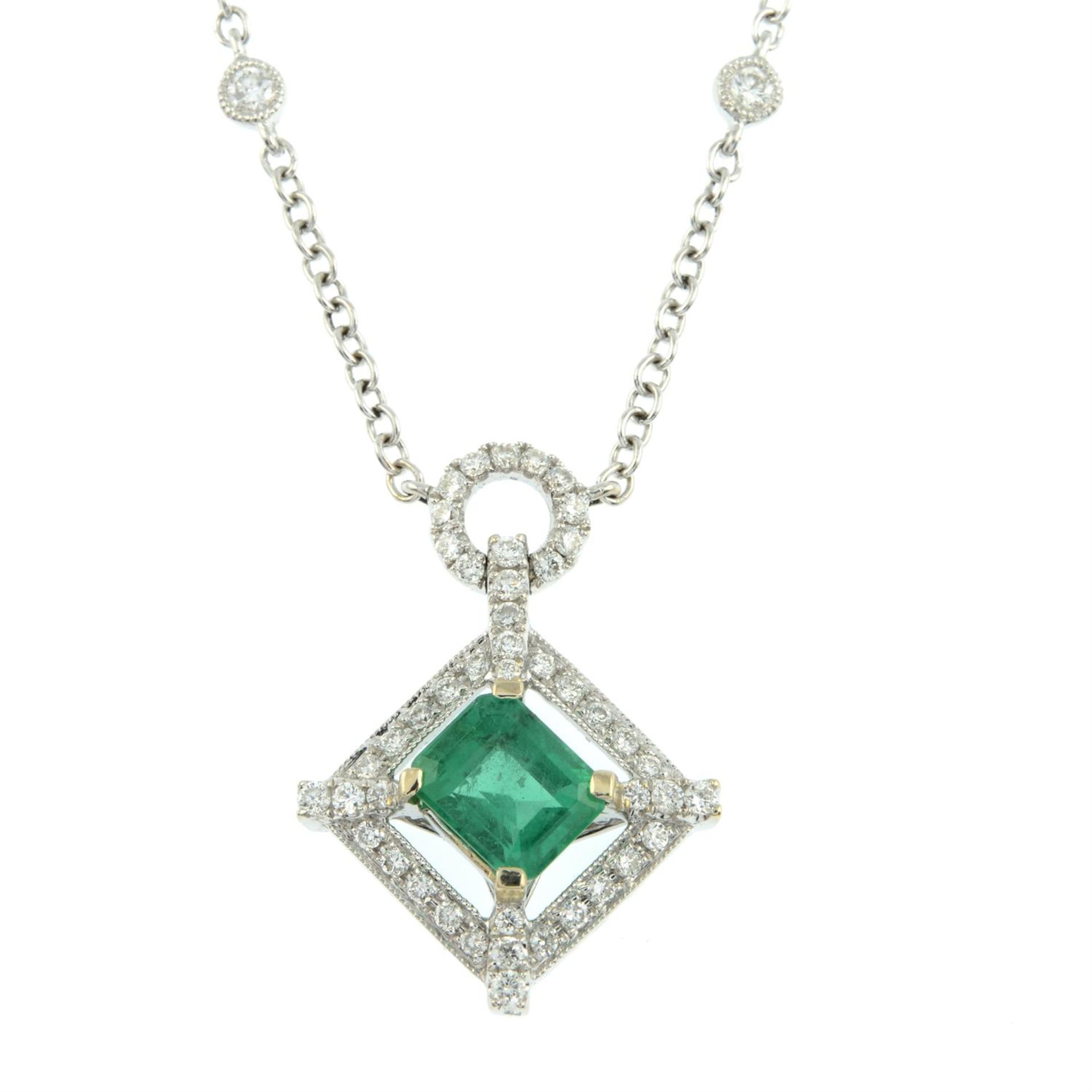 An 18ct gold emerald and brilliant-cut diamond pendant necklace. - Image 2 of 6