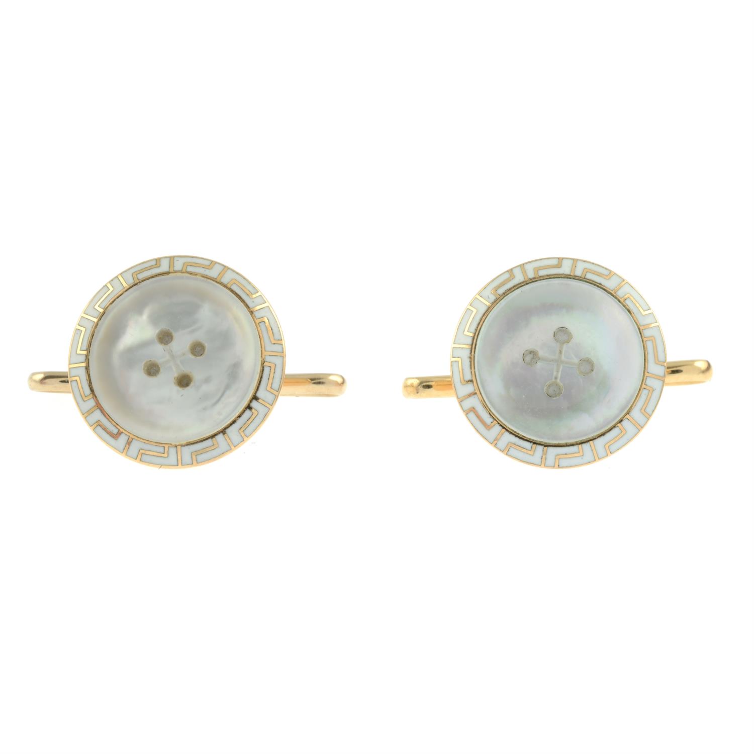 A pair of early 20th century 14ct gold carved mother-of-pearl and white enamel button motif - Image 2 of 3