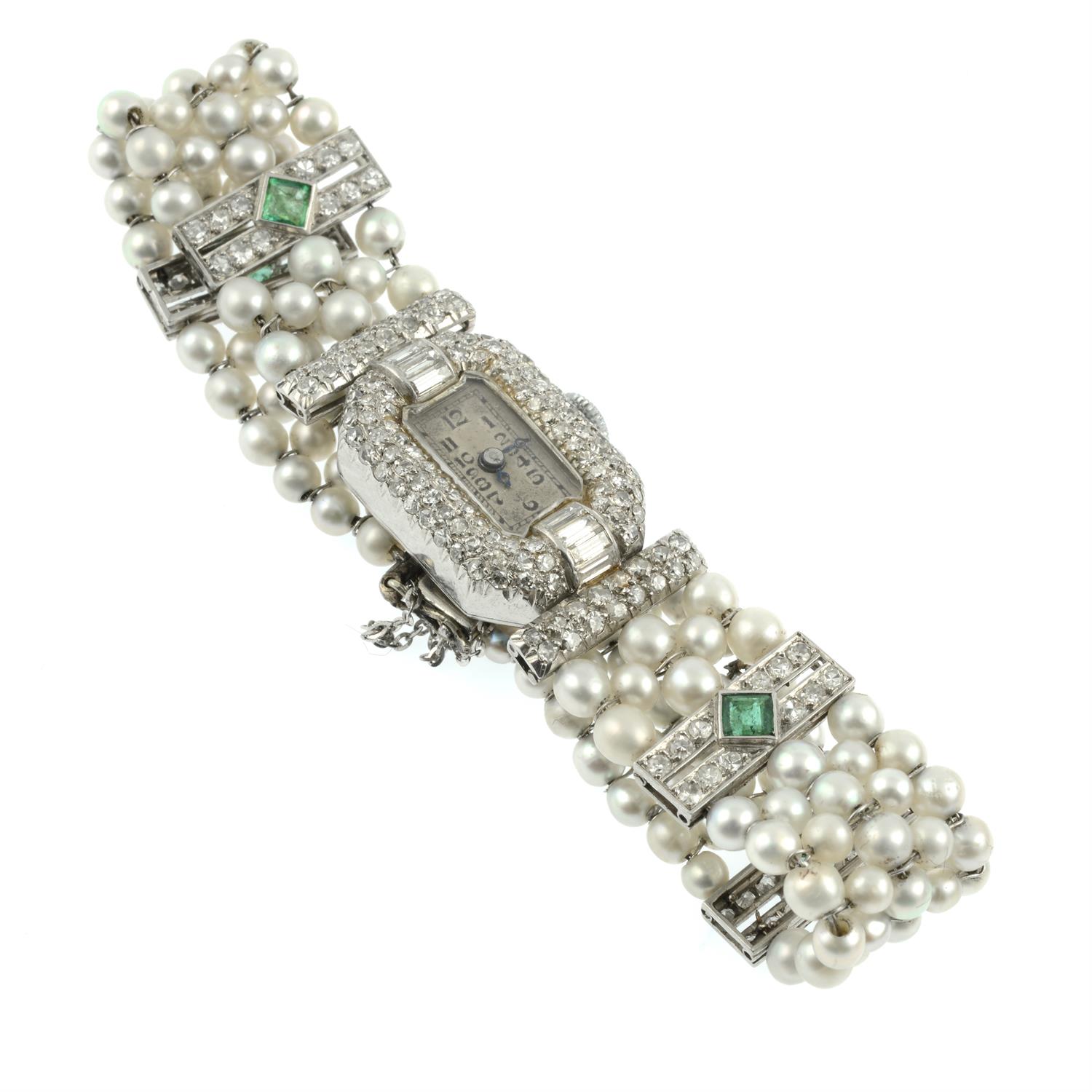 A lady's Art Deco platinum and 18ct gold vari-cut diamond, emerald and seed pearl wrist watch. - Image 3 of 5