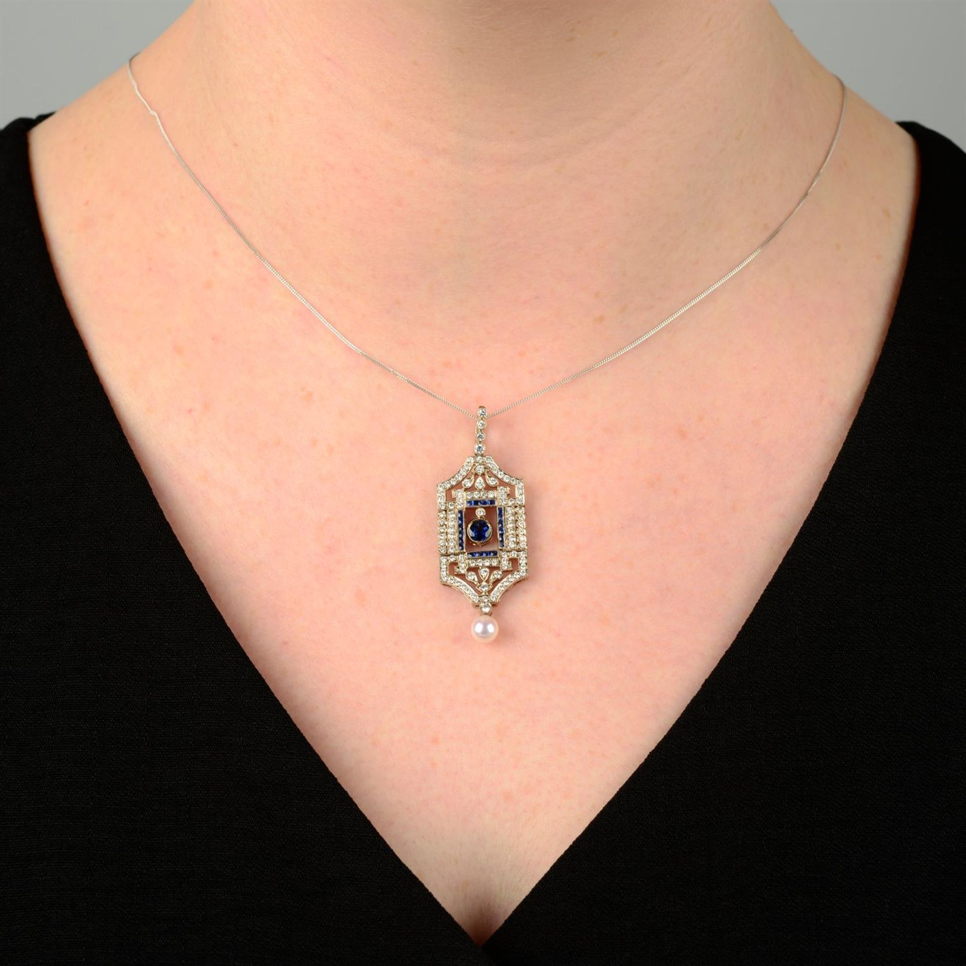 A sapphire and diamond pendant, with cultured pearl drop and 18ct gold chain. - Bild 5 aus 5