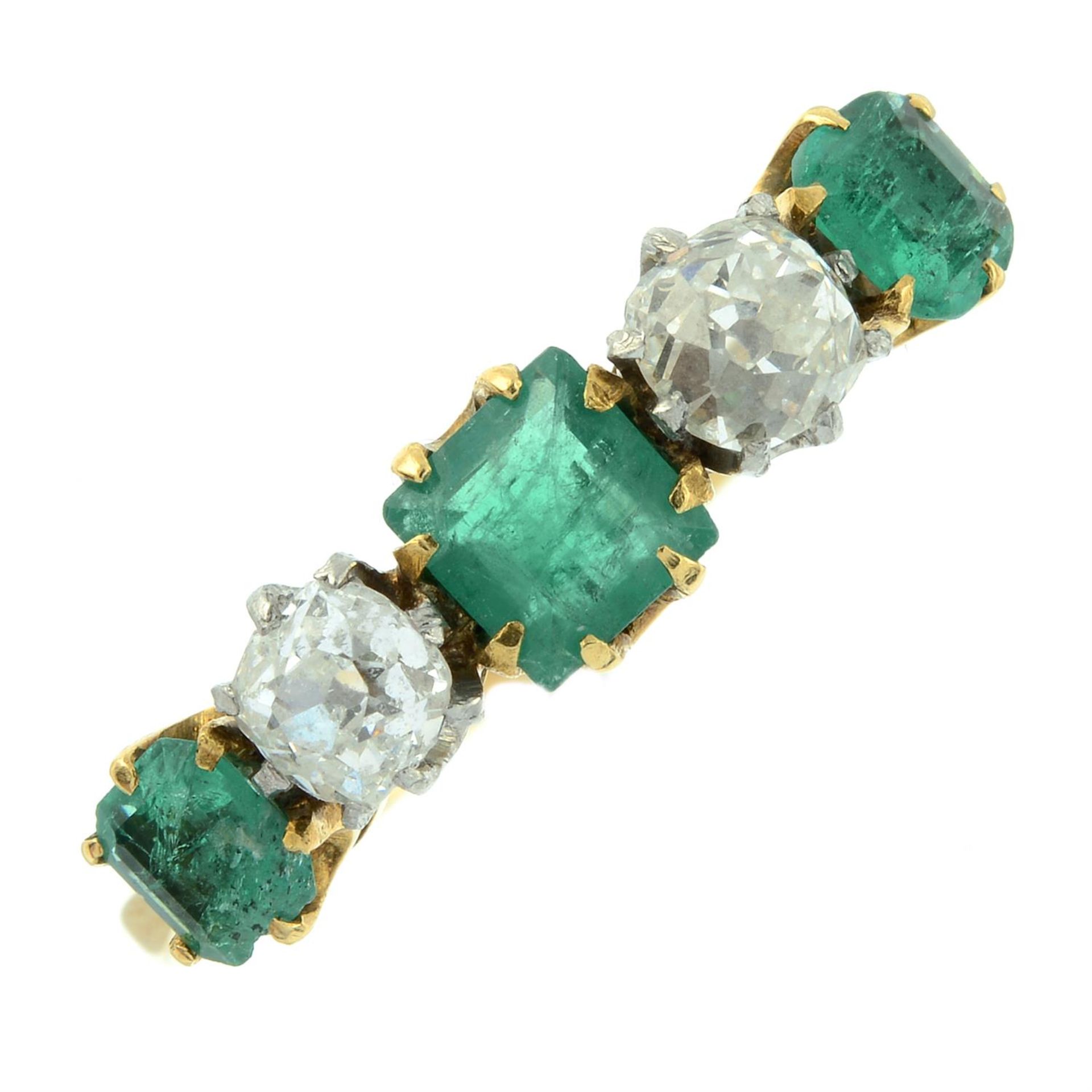 An Edwardian 18ct gold and platinum old-cut diamond and emerald five-stone ring. - Image 2 of 5