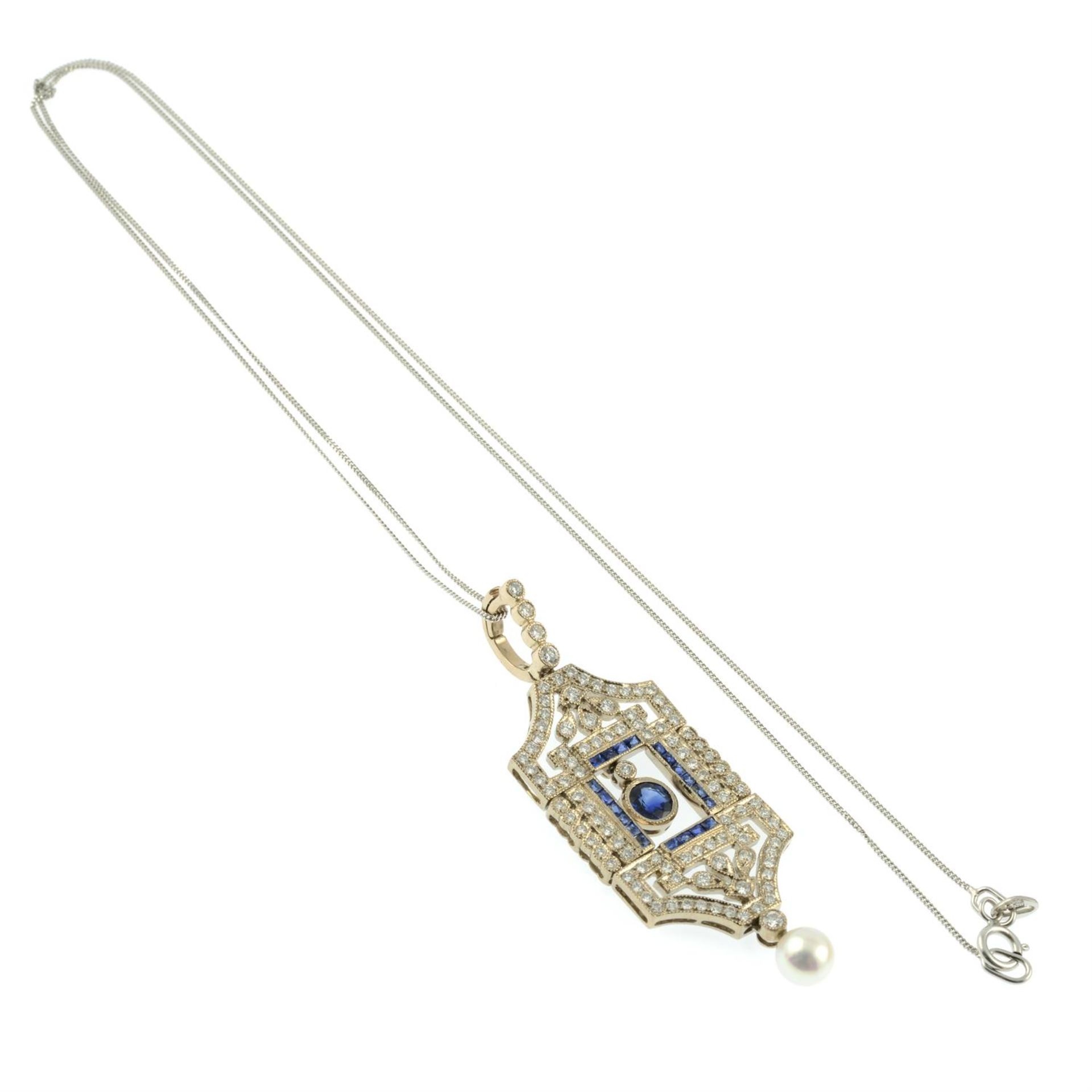 A sapphire and diamond pendant, with cultured pearl drop and 18ct gold chain. - Bild 4 aus 5