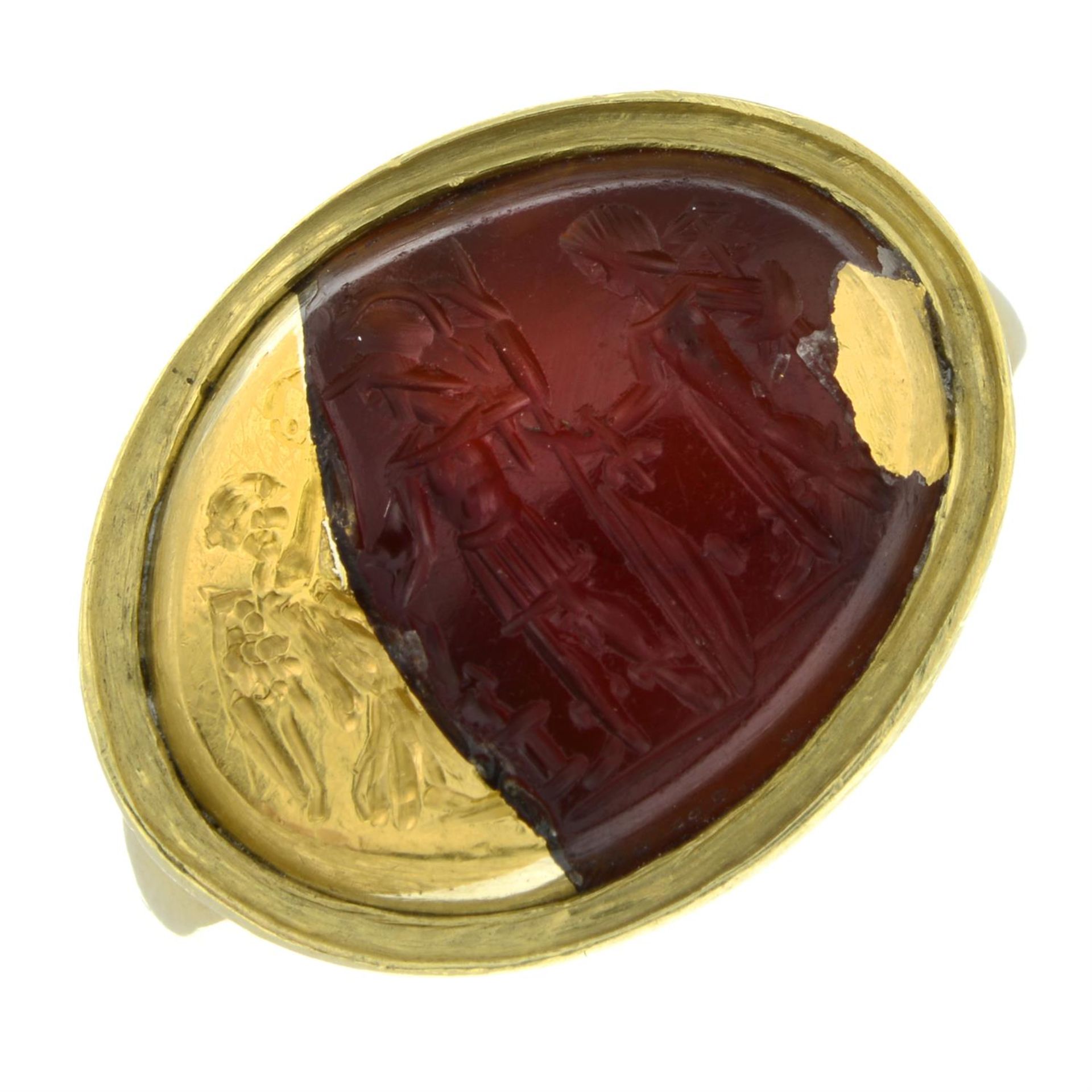 A carnelian intaglio circa 1st century AD, possibly depicting two warriors before Nike, - Image 2 of 6