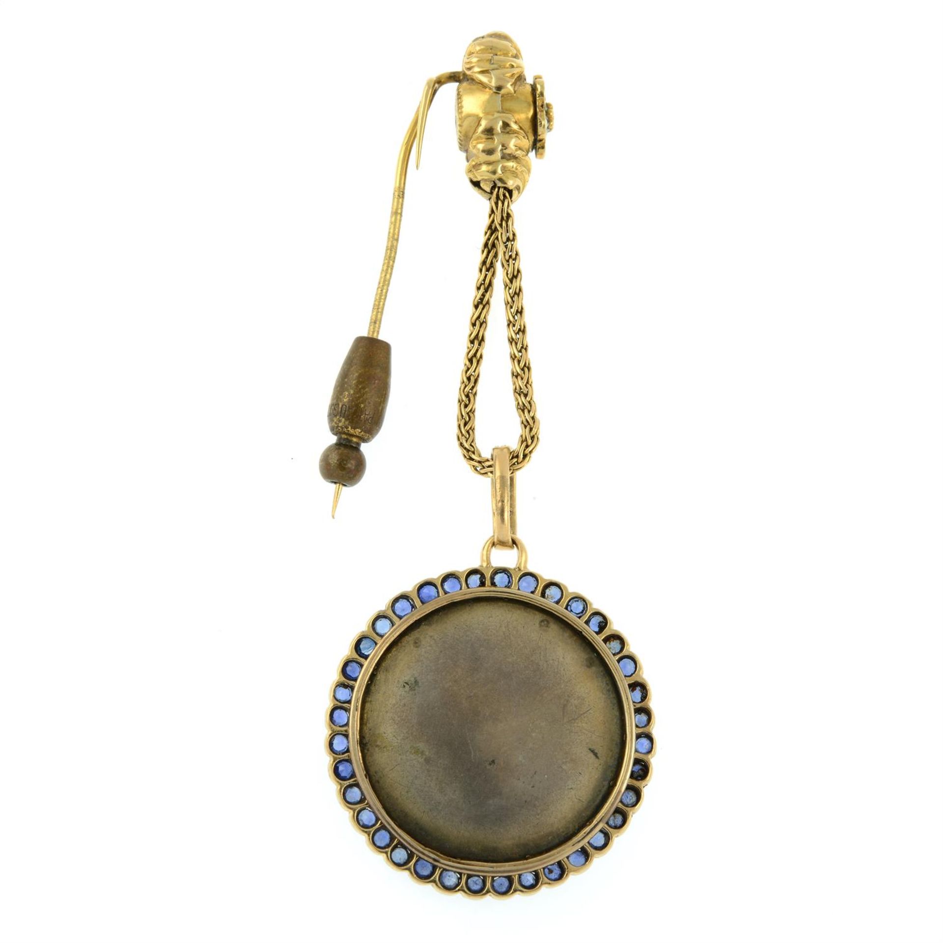 A late 19th century silver and 18ct gold sapphire mounted glazed locket, with painting depicting a - Image 3 of 4