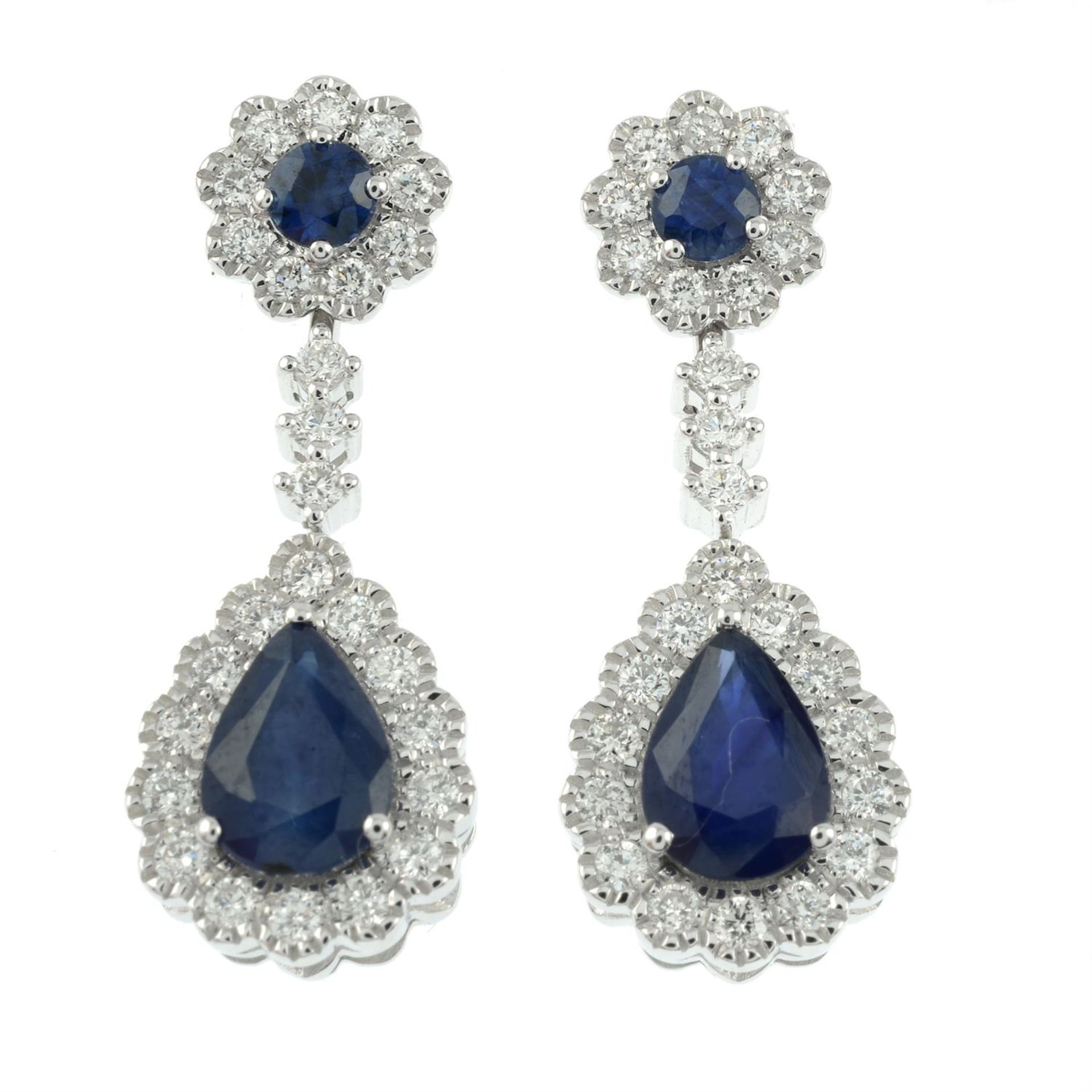 A pair of 18ct gold sapphire and diamond earrings, with similarly-set detachable drop. - Image 2 of 3