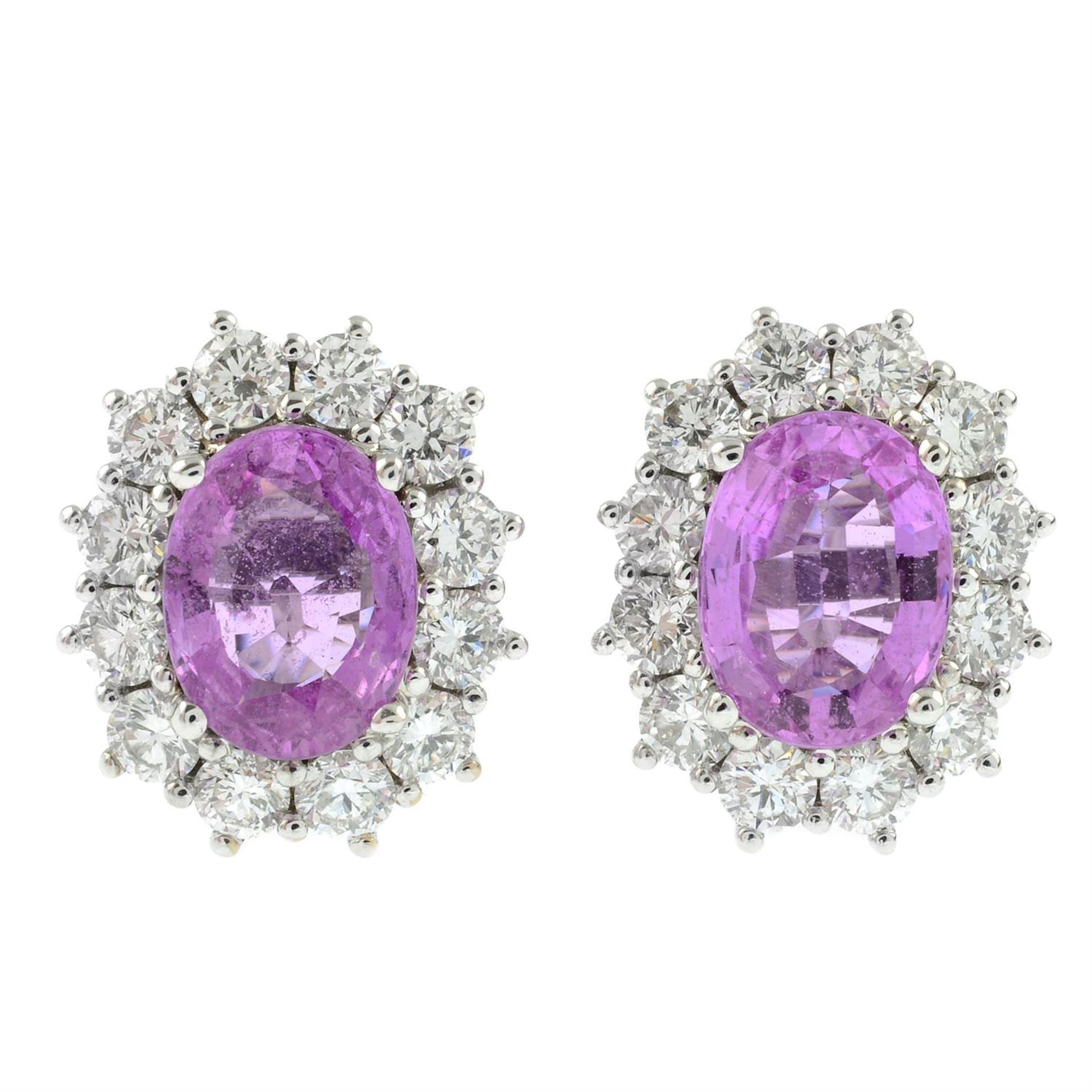 A pair of 18ct gold pink sapphire and brilliant-cut diamond cluster stud earrings. - Image 2 of 3