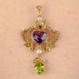 An early 20th century 15ct gold amethyst, peridot, pearl and split pearl pendant.