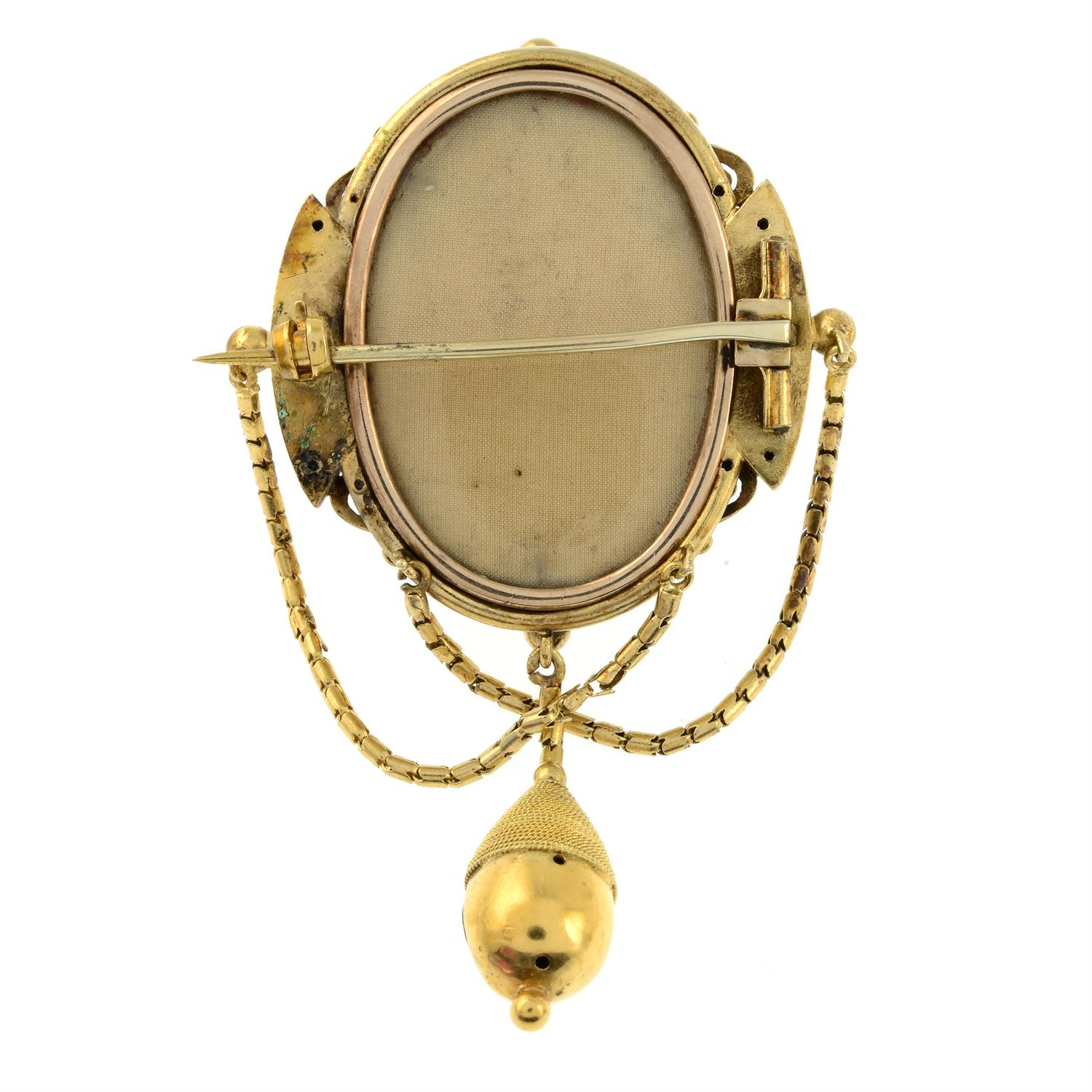 A mid 19th century gold foil-back green gem cannetille locket brooch, with matching earrings. - Image 3 of 5