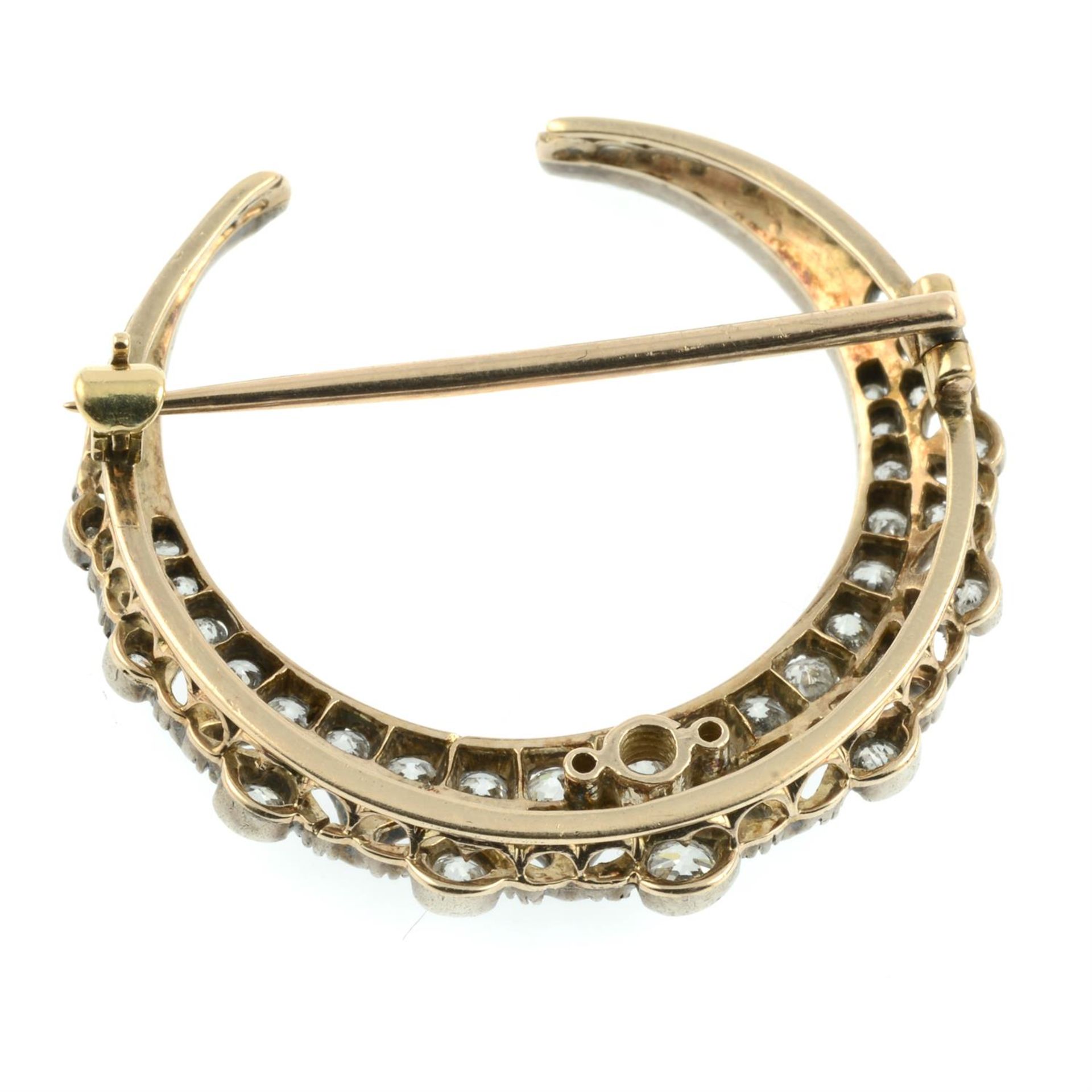 A late Victorian silver and gold rose and old-cut diamond openwork crescent moon brooch. - Image 3 of 4