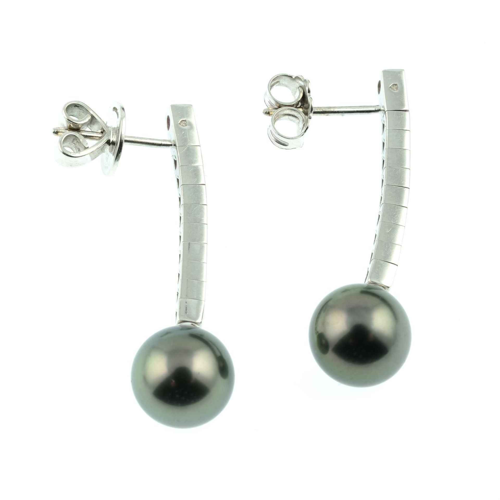 A pair of 18ct gold pink sapphire and grey cultured pearl drop earrings, by Mikimoto. - Image 3 of 3