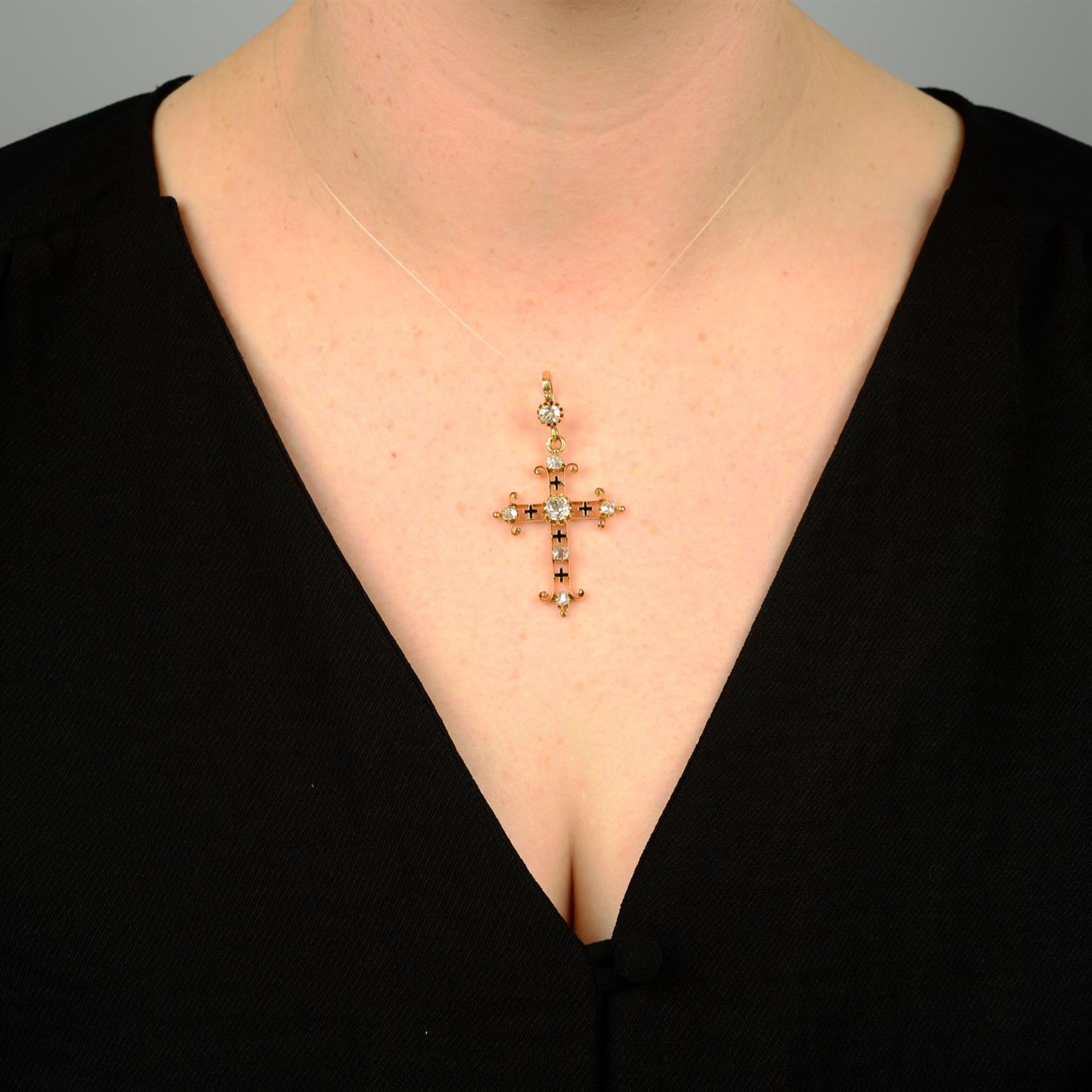 An early 20th century 18ct gold old-cut diamond and black enamel cross pendant. - Image 4 of 4