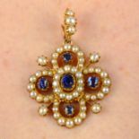A late Victorian 15ct gold sapphire, seed and split pearl quatrefoil pendant.