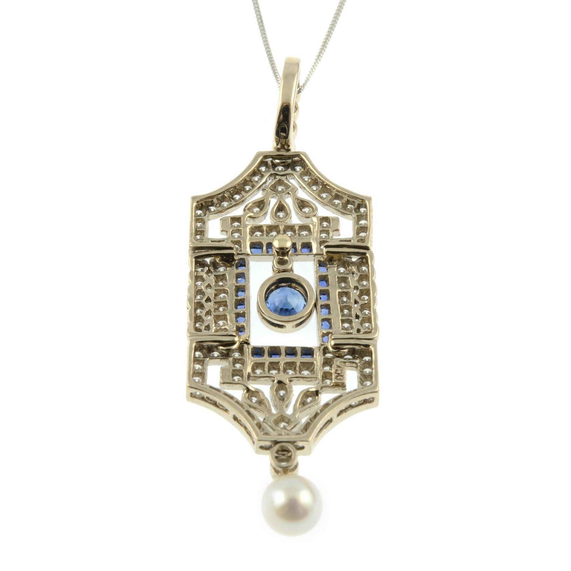 A sapphire and diamond pendant, with cultured pearl drop and 18ct gold chain. - Bild 3 aus 5