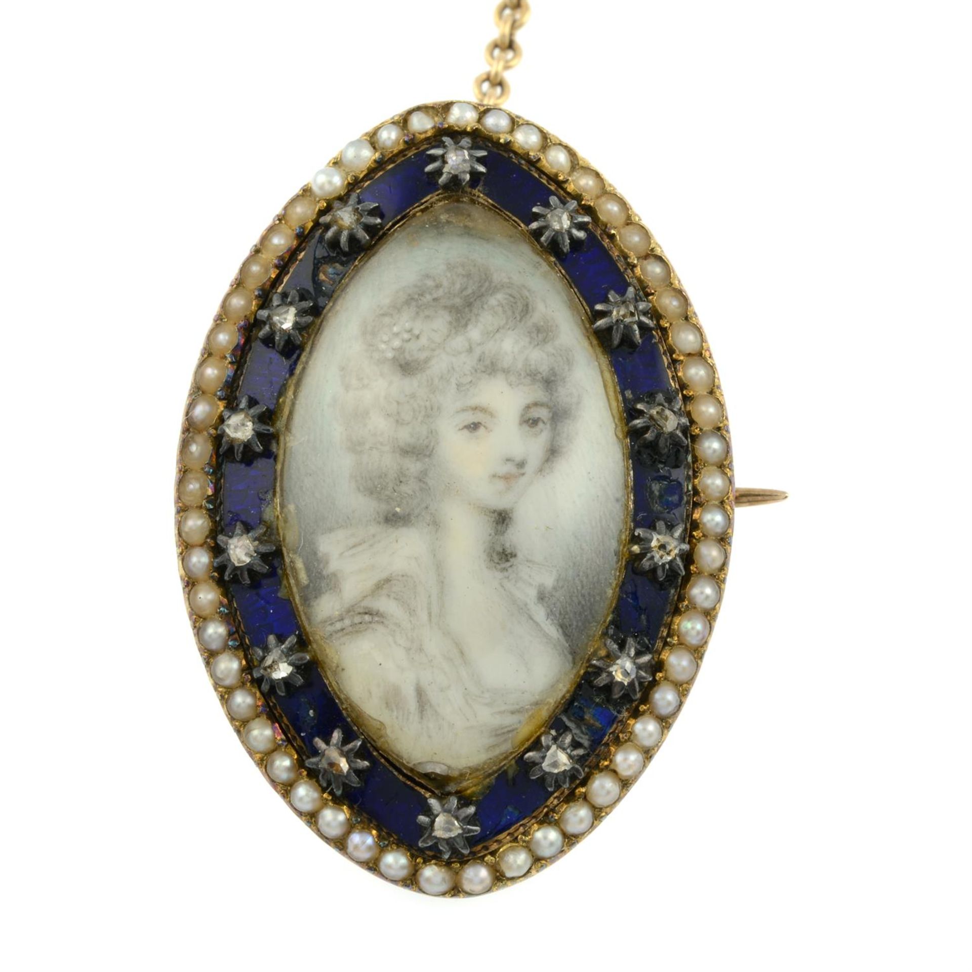 A Georgian gold rose-cut diamond, split pearl and enamel portrait miniature brooch, - Image 2 of 4