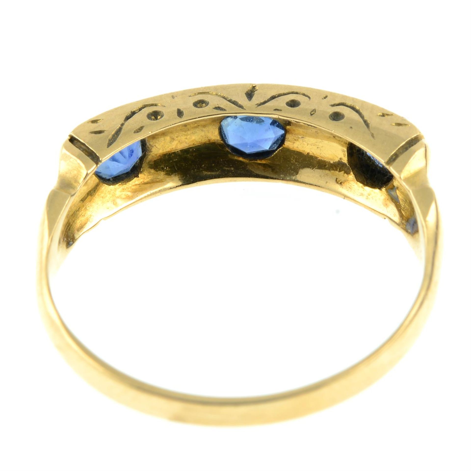 A late Victorian 18ct gold sapphire and rose-cut diamond five-stone ring. - Image 4 of 5