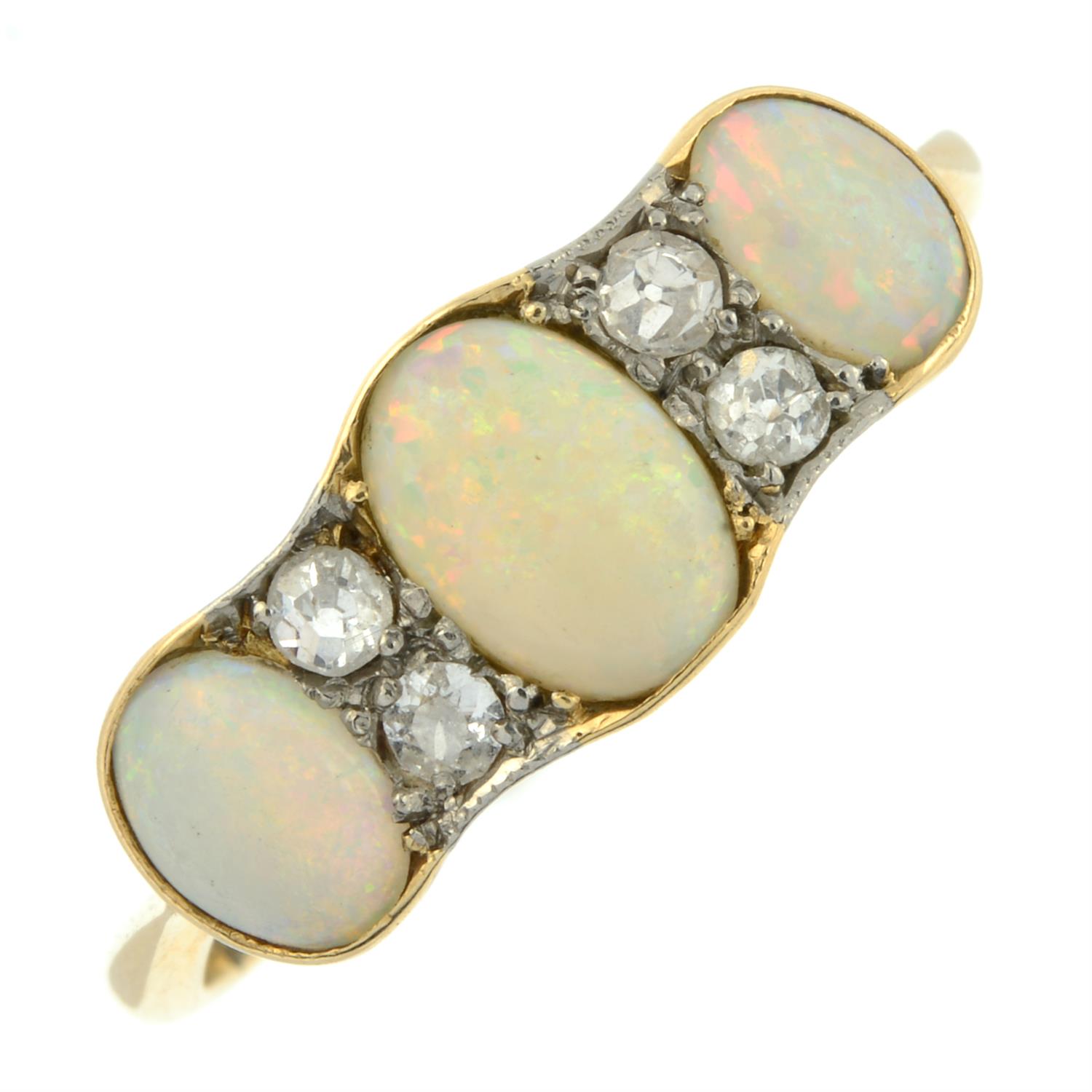 An early 20th century 18ct gold graduated opal three-stone ring, with single-cut diamond spacers. - Image 2 of 5