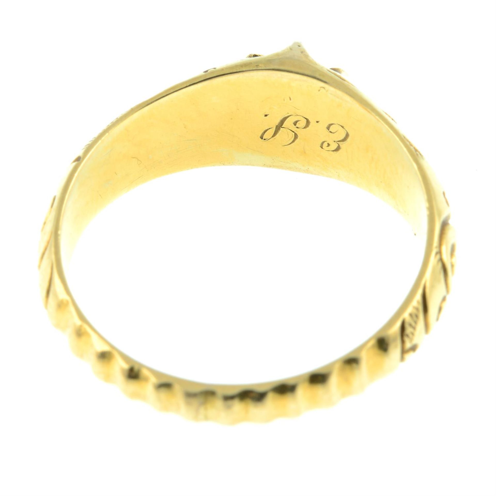 A 19th century gold pearl ring, with foliate engraved shoulders and grooved half-band. - Image 4 of 5