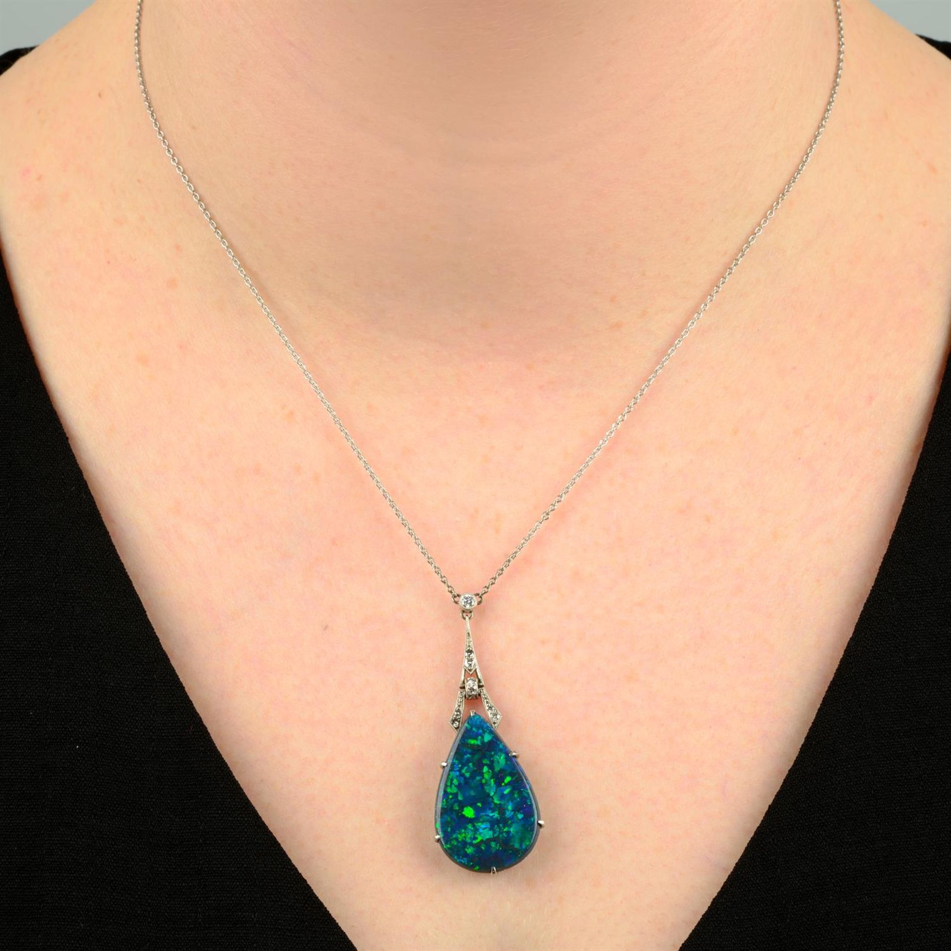 An Art Deco platinum and gold black opal and diamond geometric pendant, on chain. - Image 5 of 5