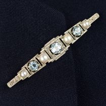 A mid 20th century palladium and gold, blue topaz, cultured pearl and diamond geometric bar brooch.