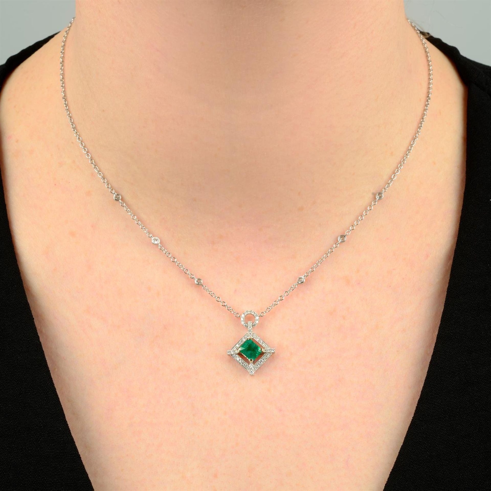 An 18ct gold emerald and brilliant-cut diamond pendant necklace. - Image 6 of 6