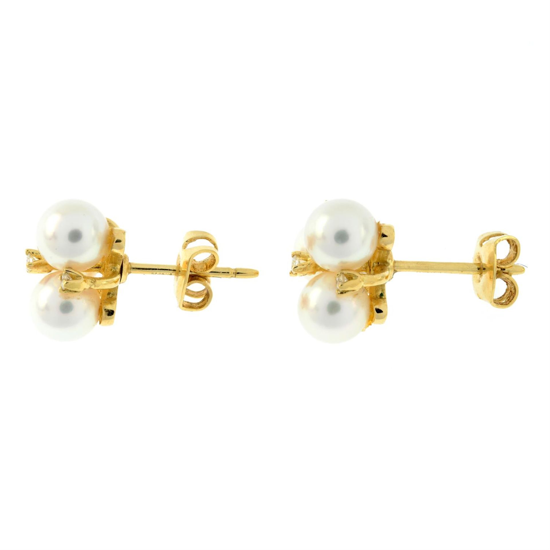 A pair of 18ct gold cultured pearl and brilliant-cut diamond earrings, by Mikimoto. - Image 3 of 3