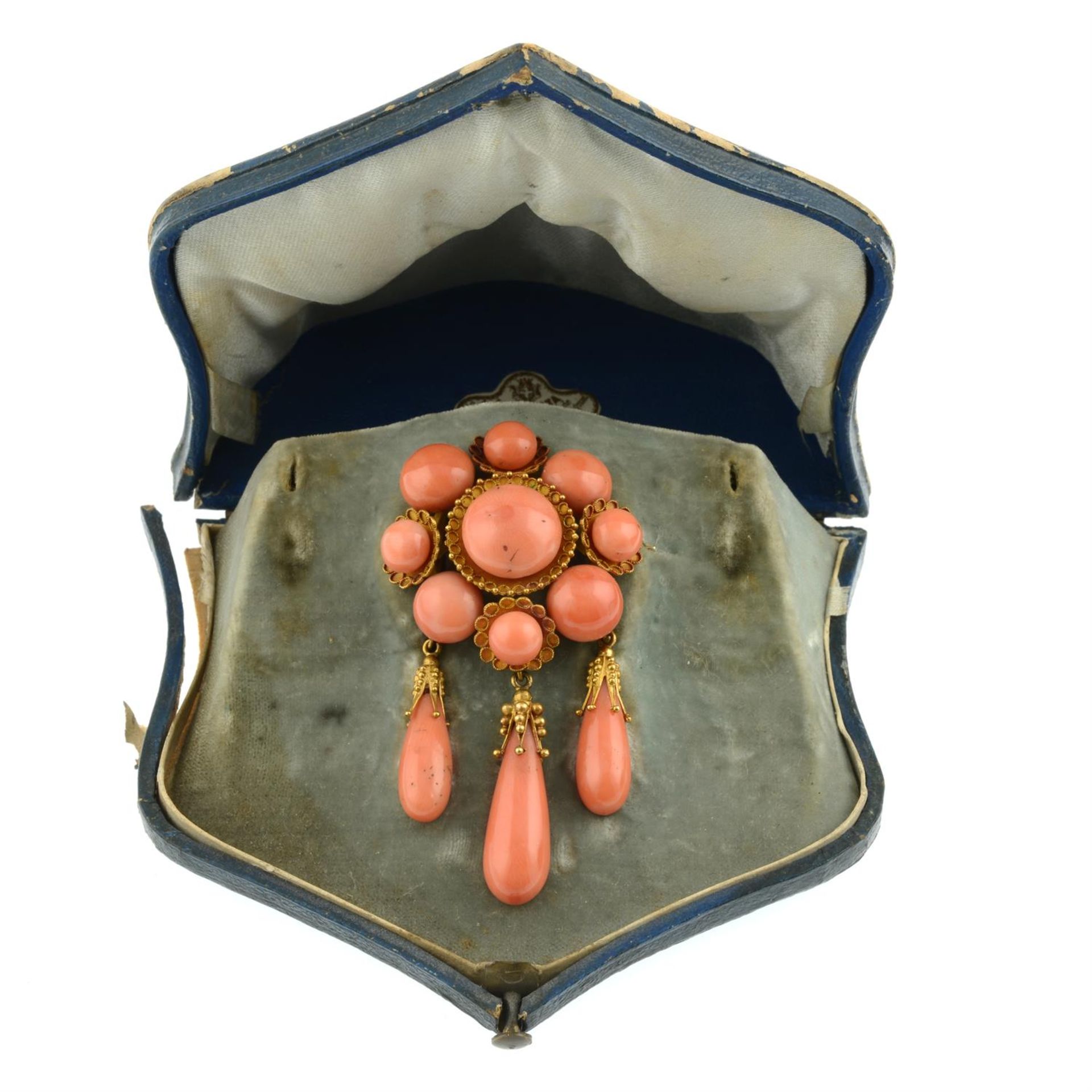 A mid to late 19th century gold coral brooch, with drop fringe, by Luigi Casalta. - Image 4 of 7