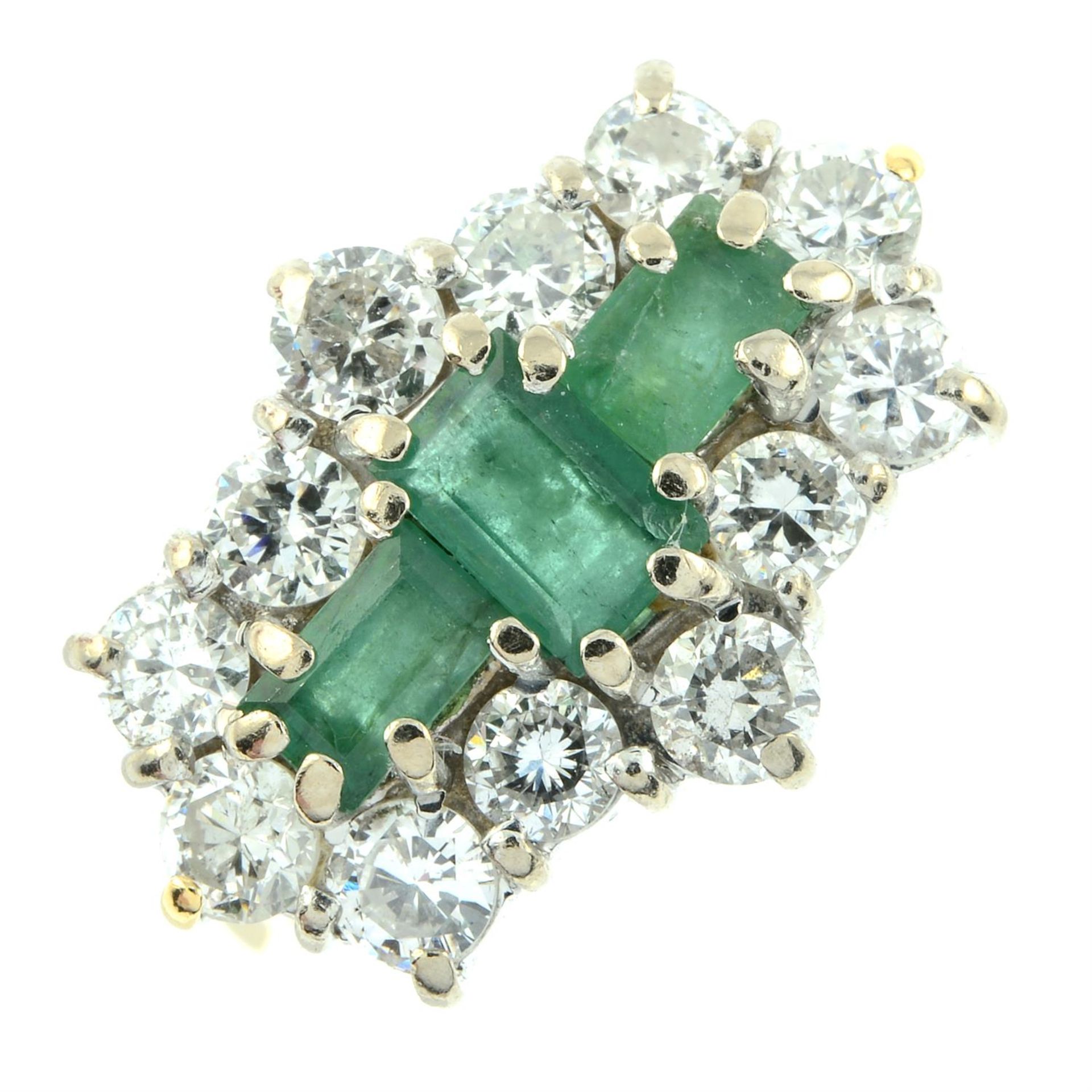 An 18ct gold emerald three-stone and brilliant-cut diamond cluster ring. - Image 2 of 5