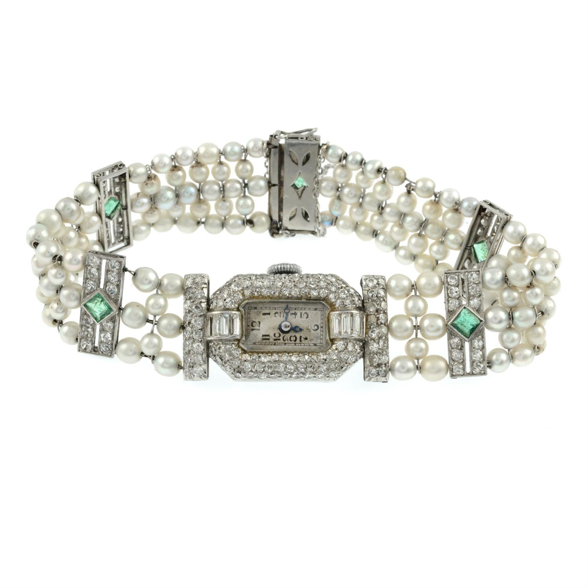 A lady's Art Deco platinum and 18ct gold vari-cut diamond, emerald and seed pearl wrist watch. - Image 2 of 5