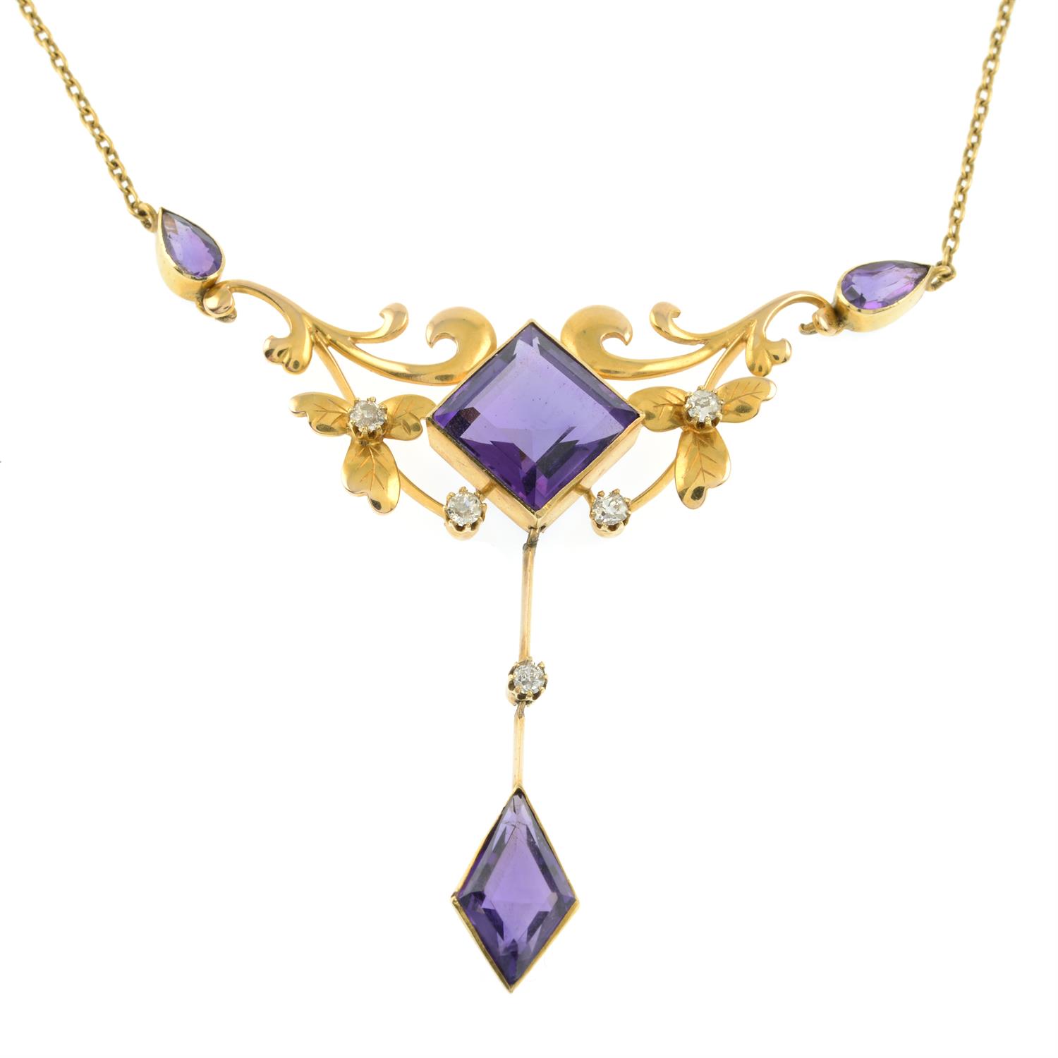 An early 20th century 15ct gold amethyst and old-cut diamond foliate drop pendant, - Image 2 of 5