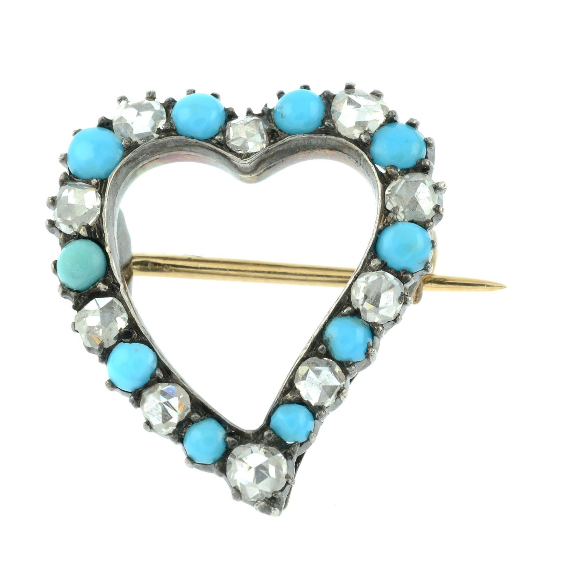 A late Victorian silver and gold turquoise and rose-cut diamond witches heart brooch. - Image 2 of 4
