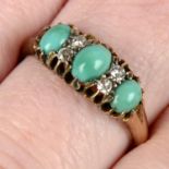 An early 20th century 18ct gold graduated turquoise three-stone ring, with old-cut diamond spacers.