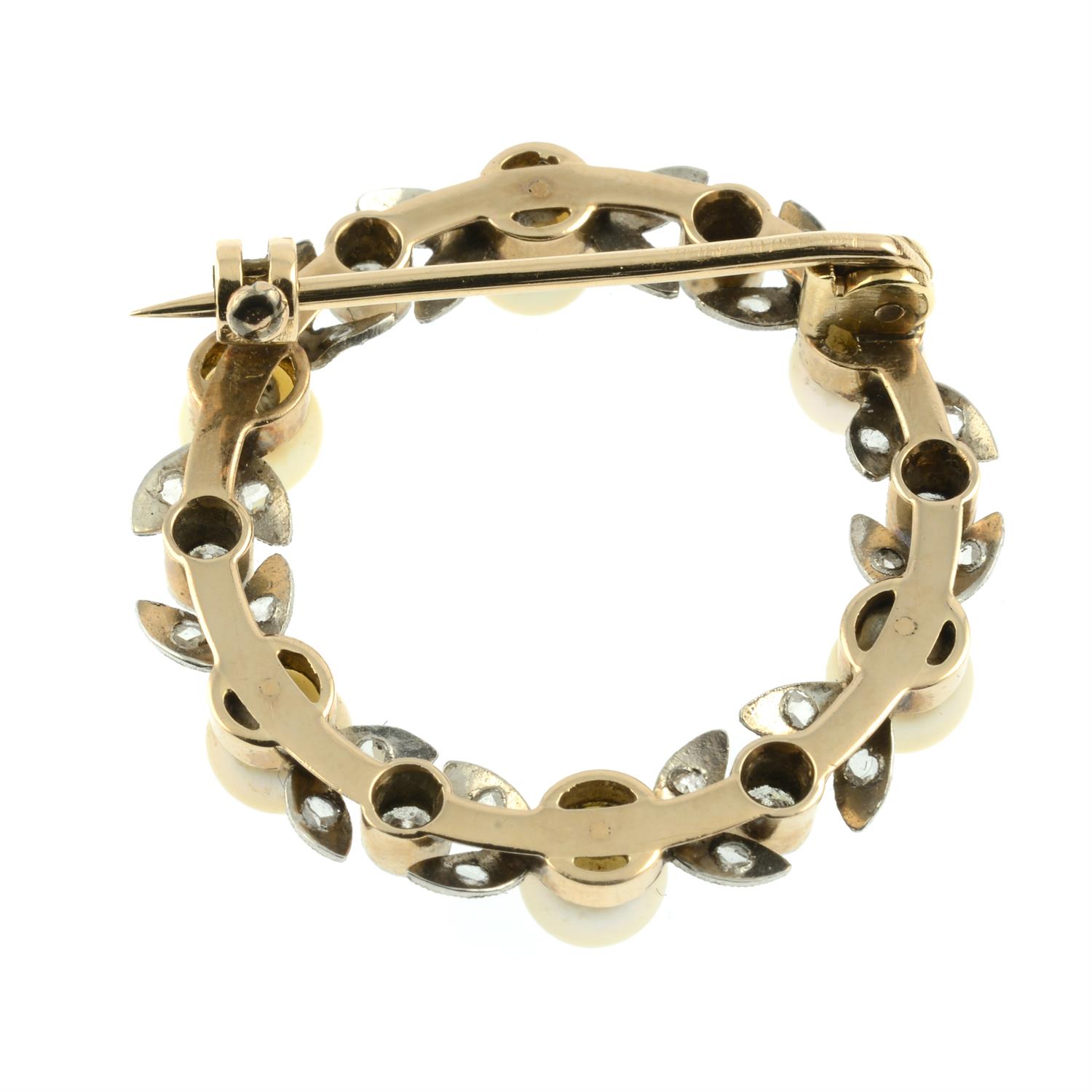 A mid 20th century platinum and 14ct gold cultured pearl and vari-cut diamond wreath brooch. - Image 3 of 4