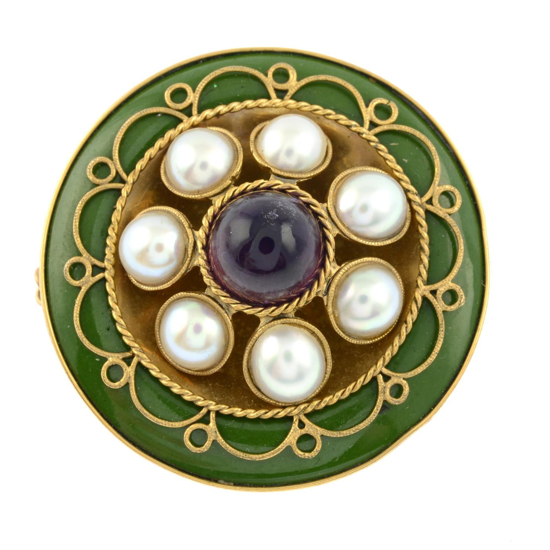 An early 20th century gold, amethyst, split pearl and green glass brooch, with Suffragette colours. - Image 2 of 4