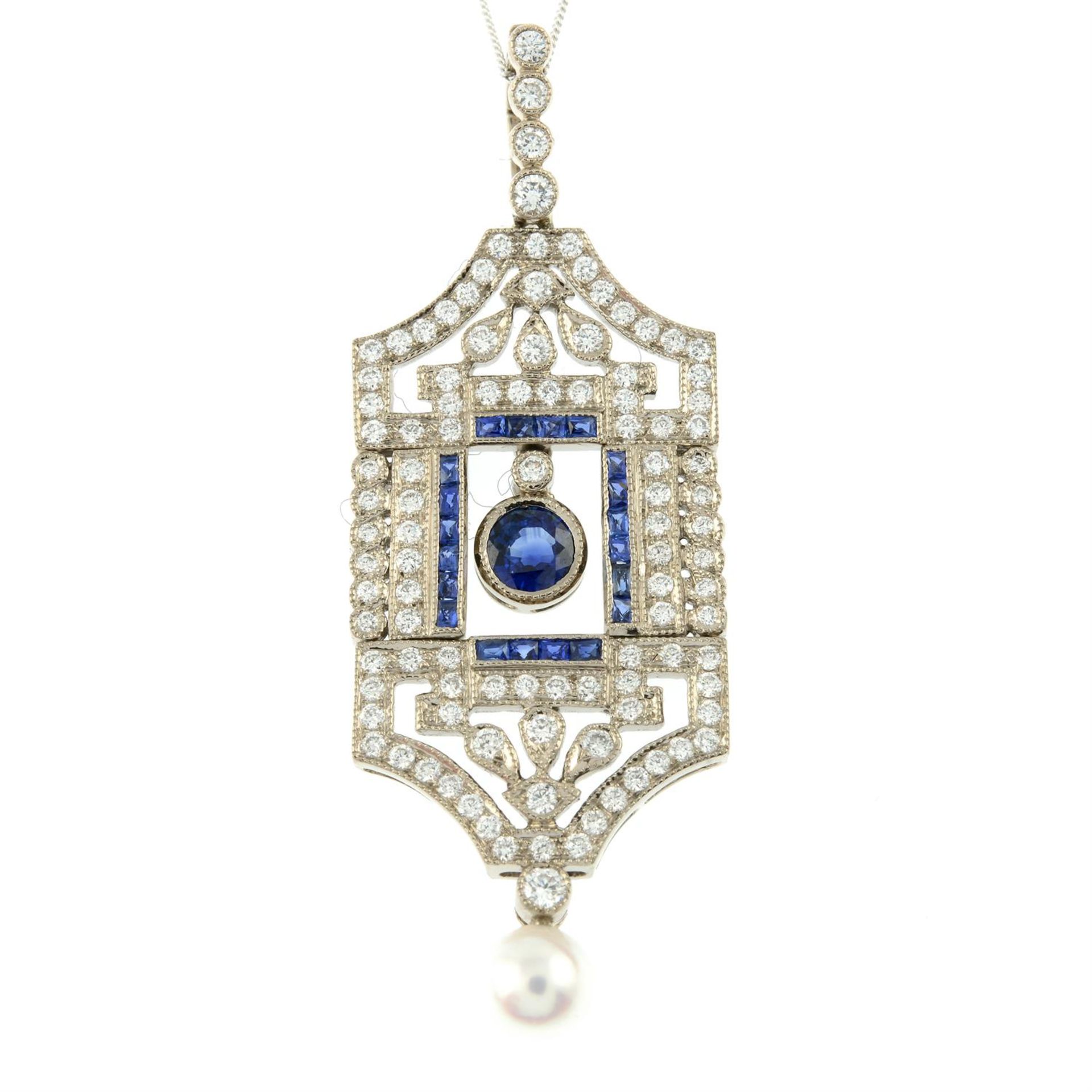 A sapphire and diamond pendant, with cultured pearl drop and 18ct gold chain. - Bild 2 aus 5