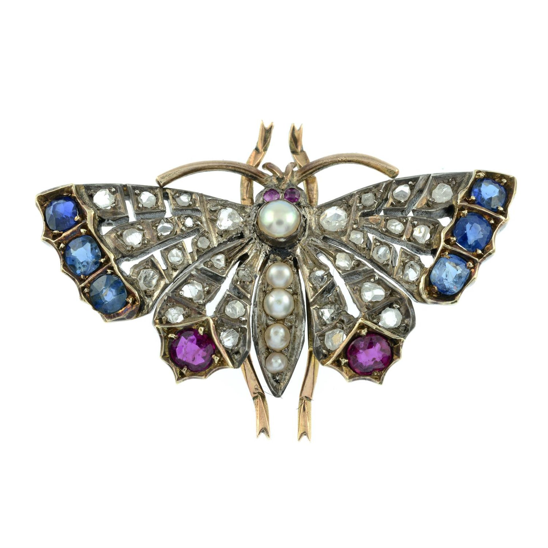 A late Victorian silver and gold, sapphire, ruby, split pearl and rose-cut diamond butterfly - Image 2 of 4