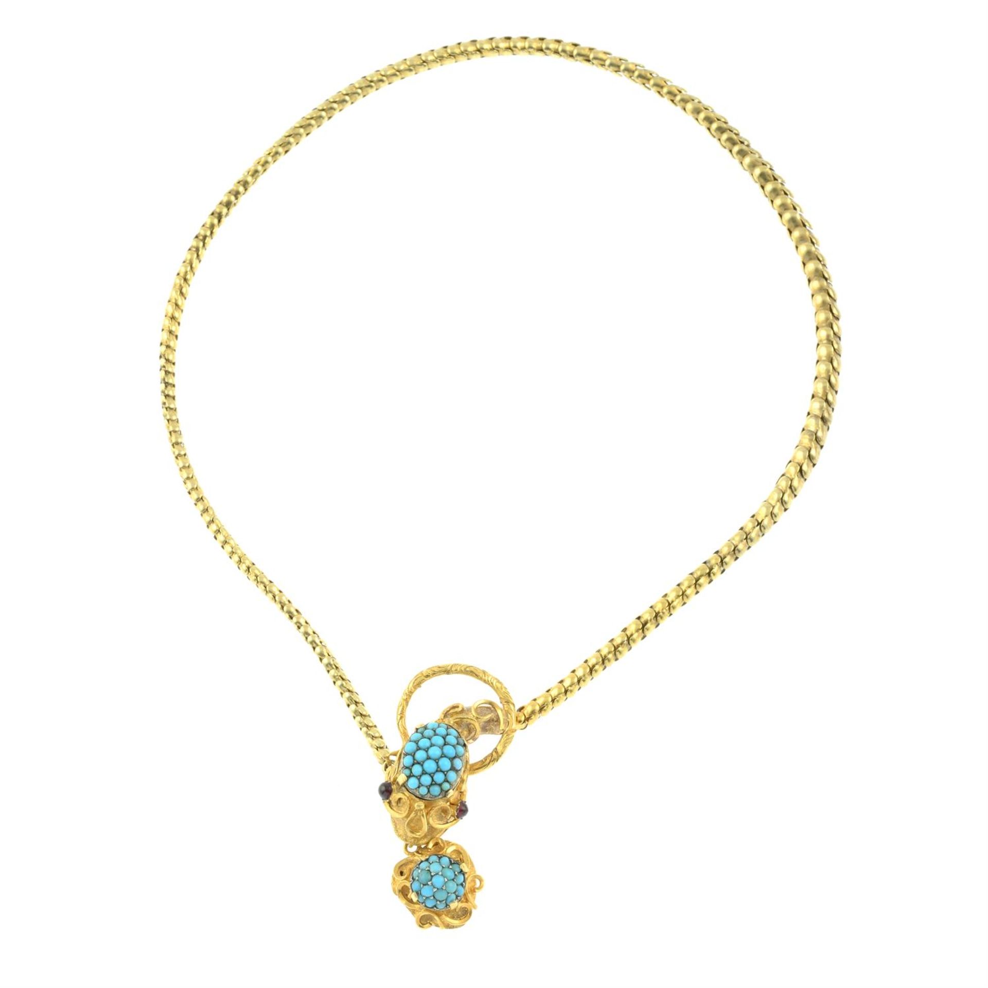 An early Victorian gold turquoise snake necklace, with similarly-designed heart locket drop and - Image 2 of 4