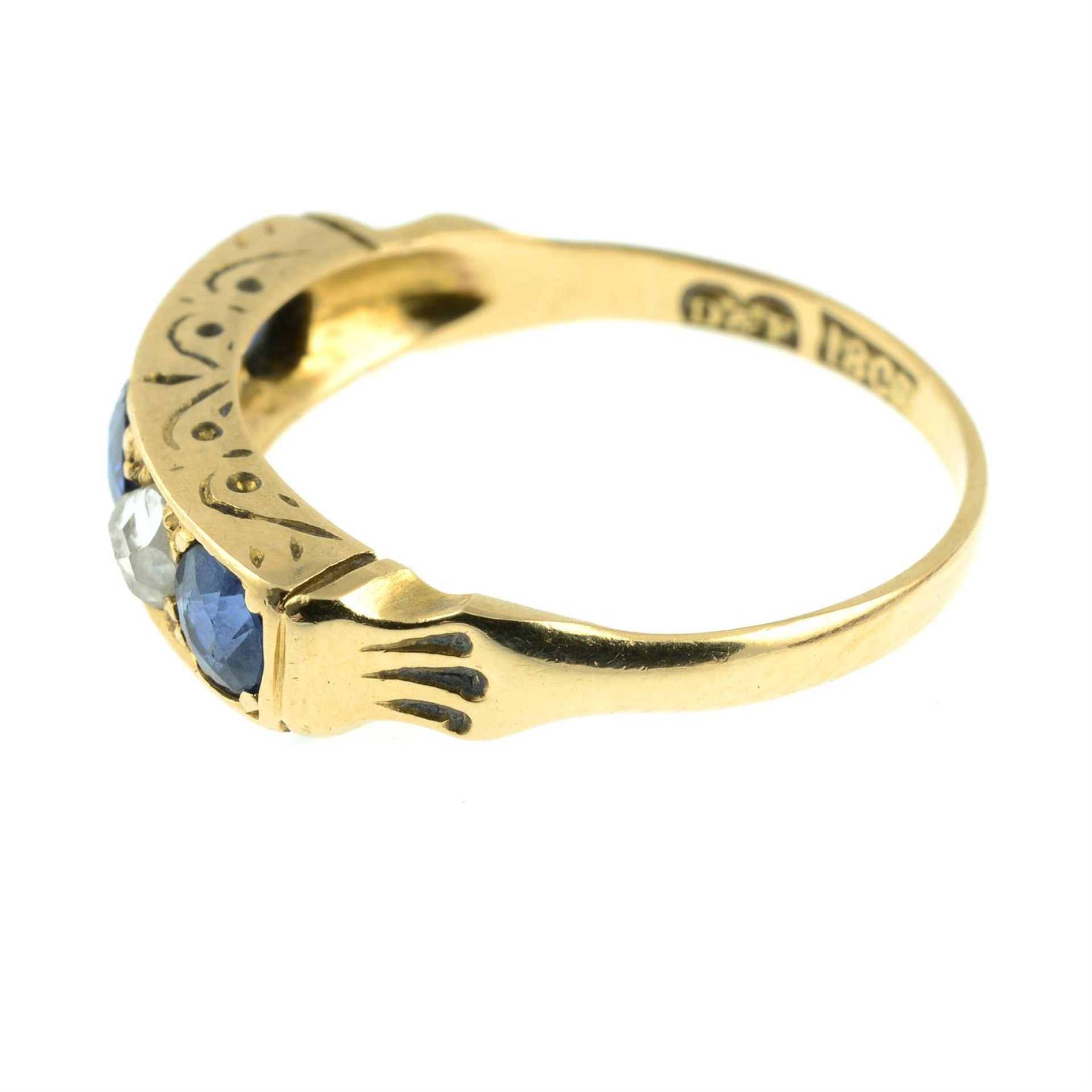 A late Victorian 18ct gold sapphire and rose-cut diamond five-stone ring. - Image 3 of 5