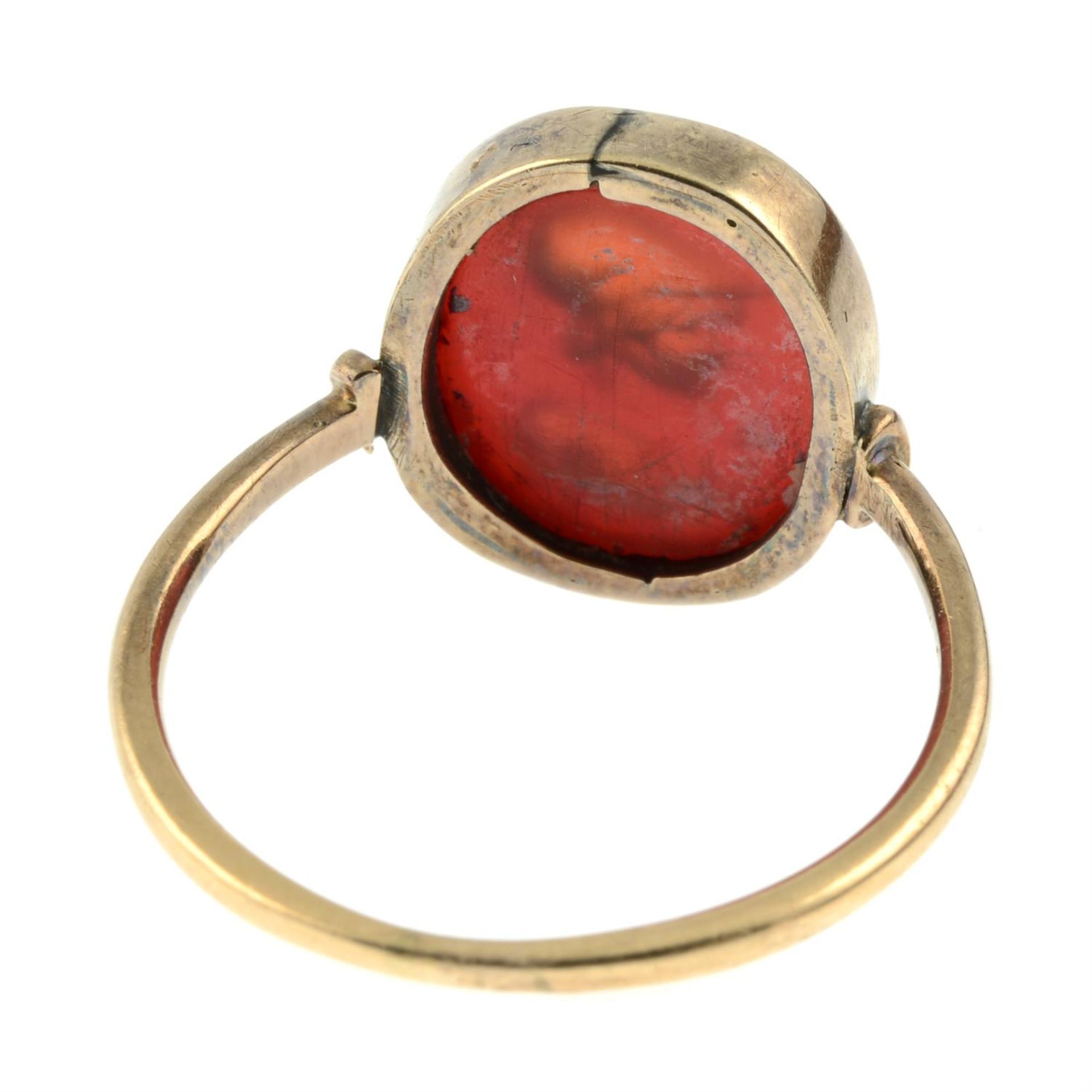 A 19th century gold carnelian intaglio ring, carved to depict Athena with owl attribute. - Image 4 of 5