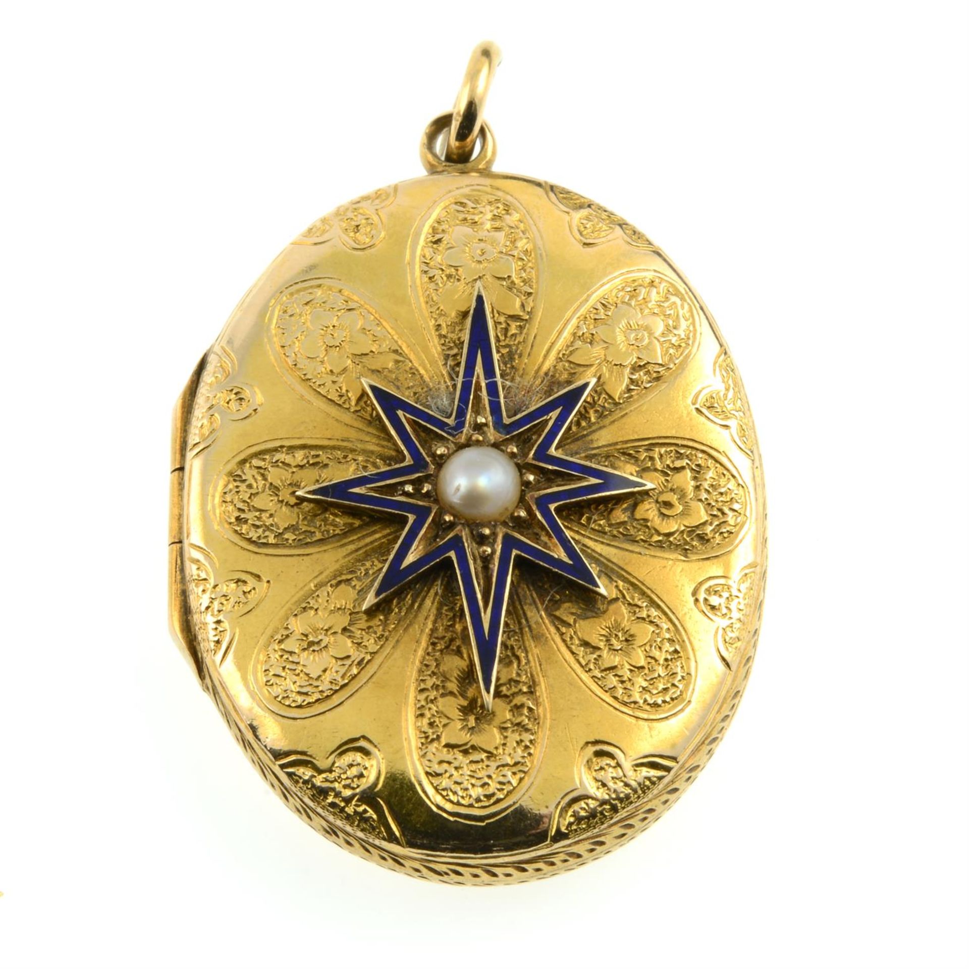 A late Victorian 18ct gold floral engraved locket, with split pearl and blue enamel star highlight. - Bild 2 aus 5