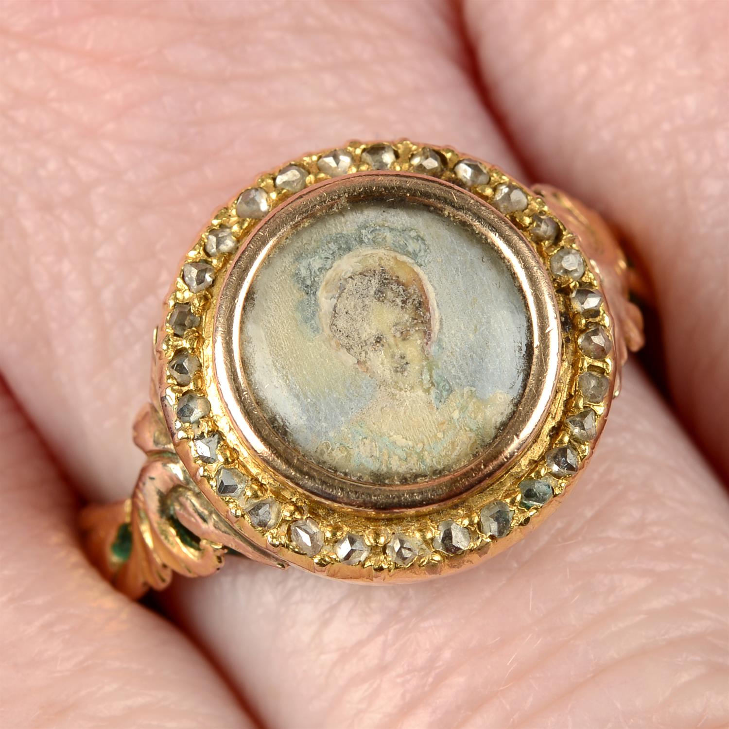 A late 19th century gold portrait miniature ring, with rose-cut diamond surround and replacement