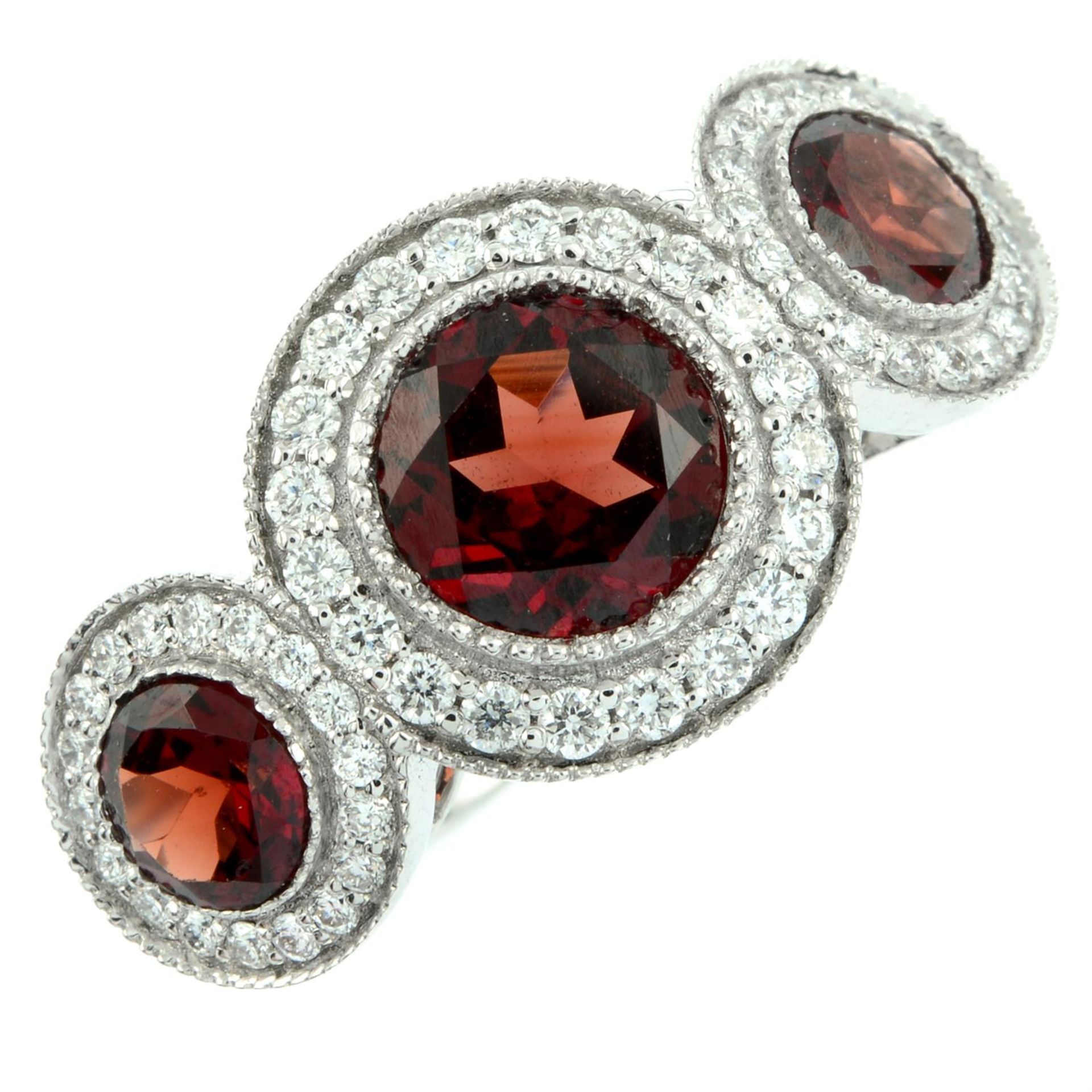 An 18ct gold garnet and brilliant-cut diamond triple cluster ring. - Image 2 of 5
