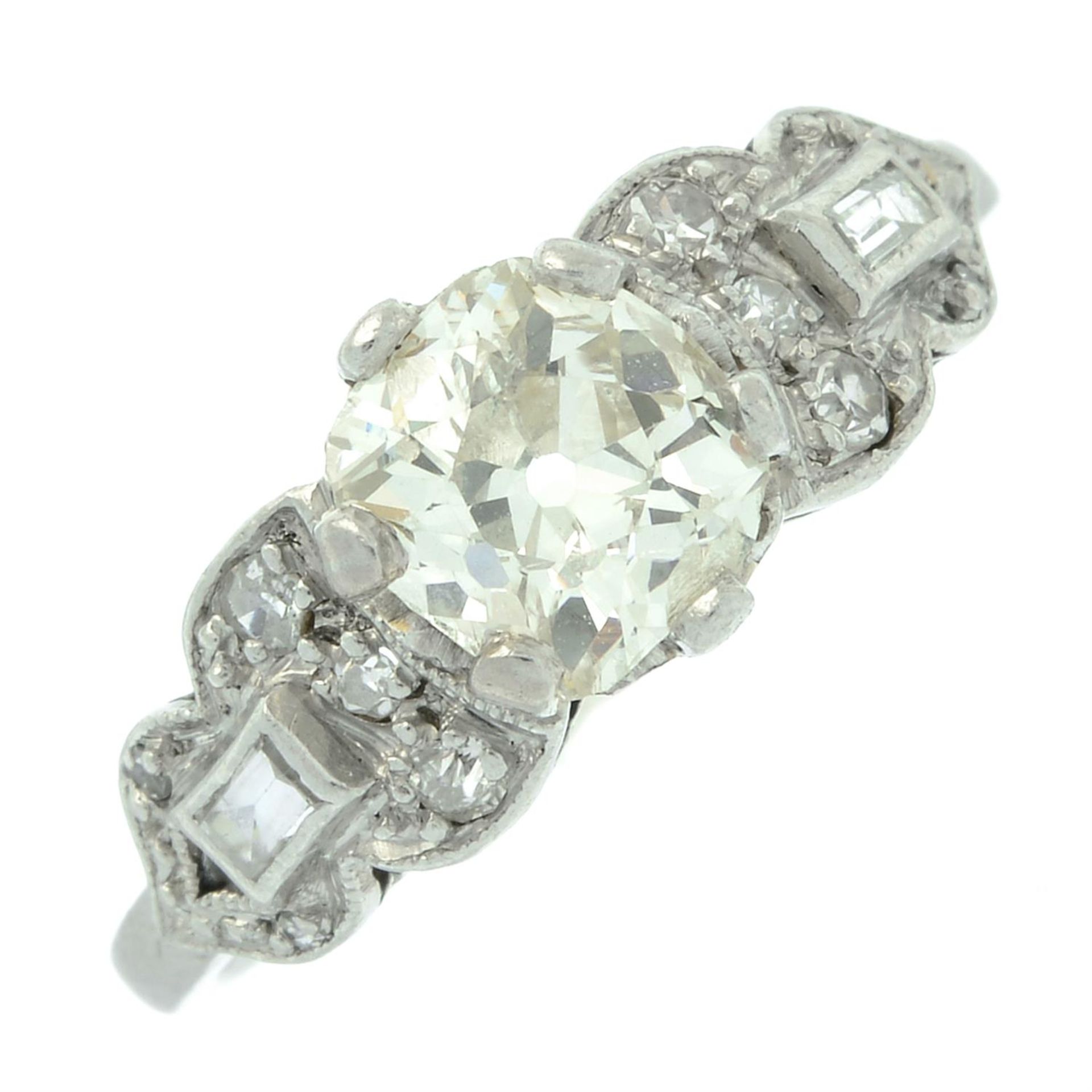 A mid 20th century platinum old-cut diamond single-stone ring, with vari-cut diamond shoulders. - Image 2 of 5