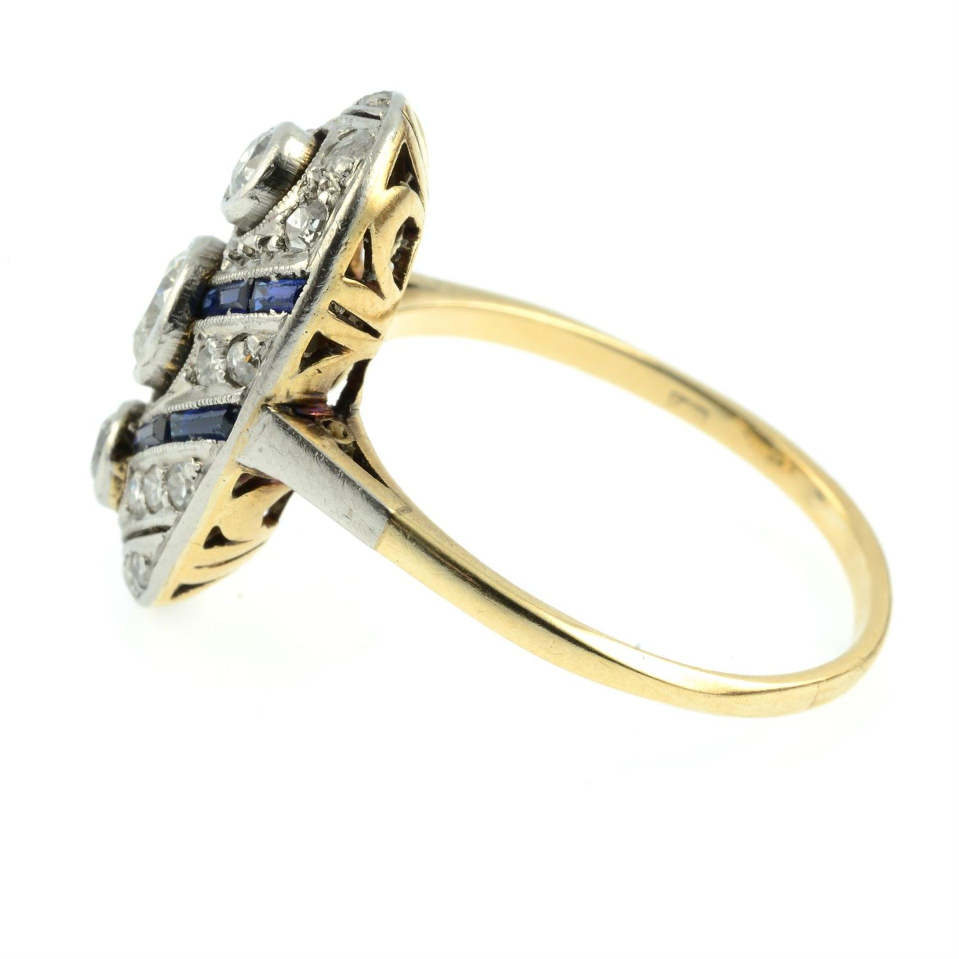 An Art Deco platinum and 14ct gold vari-cut diamond and sapphire geometric ring. - Image 3 of 5