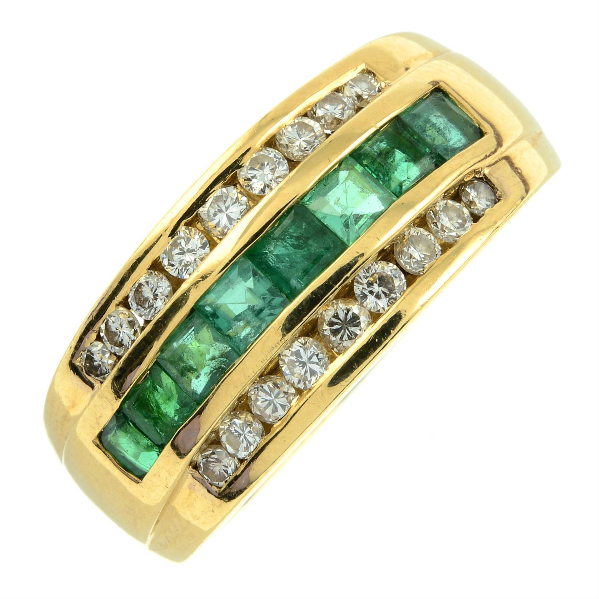 An 18ct gold brilliant-cut diamond and emerald three-row band ring. - Image 2 of 5